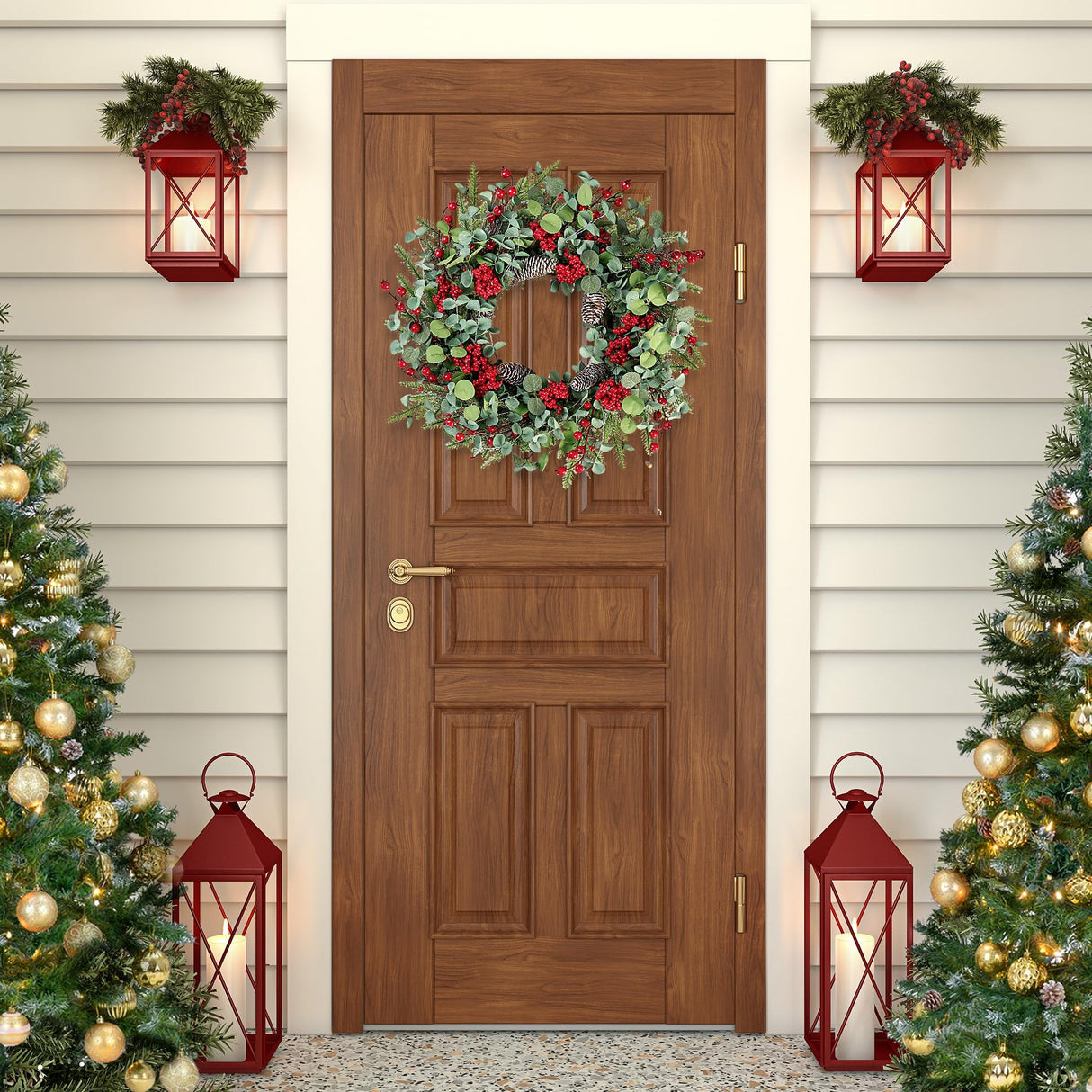 Sggvecsy 22 Inch Artificial Christmas Wreath for Front Door Xmas Red Berry Wreath with Pine Needles Pine Cones Eucalyptus Leaves Christmas Decorations for Winter Wall Outdoor Home Holiday Xmas Decor Sggvecsy