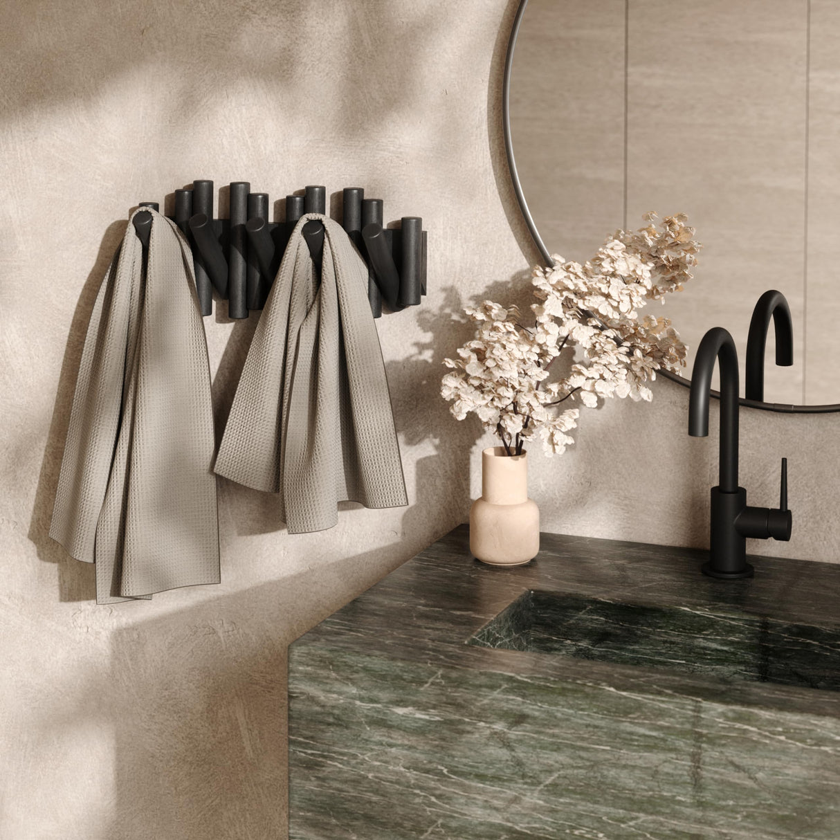 Umbra Picket Wall-Mounted Coat Rack Rail Hook with 5 Retractable Wood Pegs – Modern, Space-Saving Storage Organizer, Black Umbra