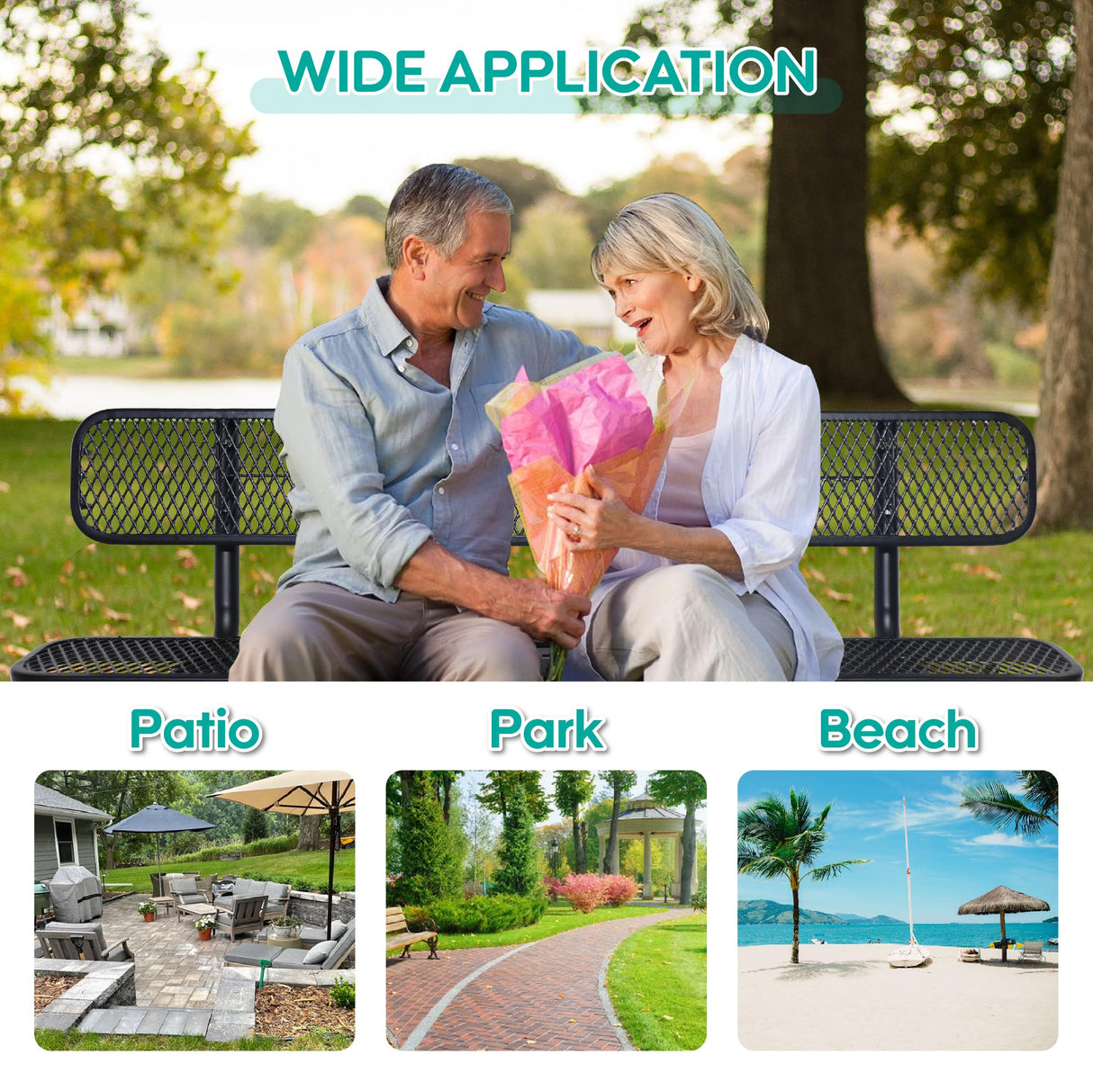 Sunnibety 6 Feet Heavy Duty Metal Park Bench for Outside, Outdoor Bench with Backrest & Portable Frame, Commercial Benches for Shopping Malls, Stores, Parks, Patios, Decks, Black Sunnibety