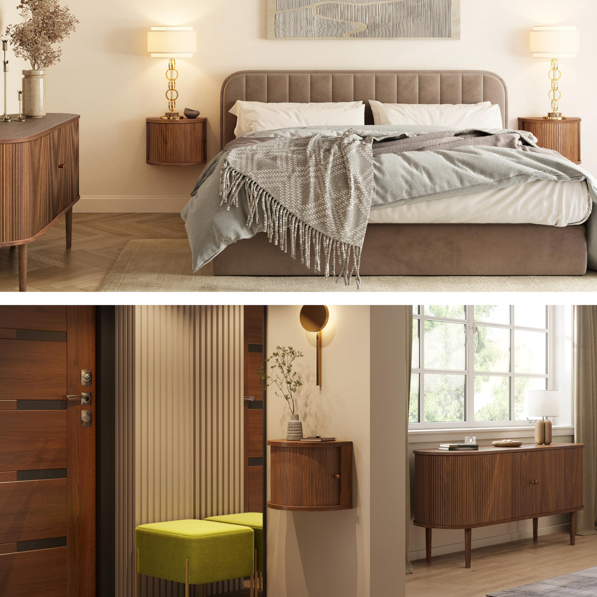 WERMO 16'' Floating Nightstand with Storage and Sliding Door - Floating Side Table for Living Room, Bedroom and Office. Mid Century Modern Nightstand Wood, Bedside Shelf Wall Mount (Walnut) WERMO