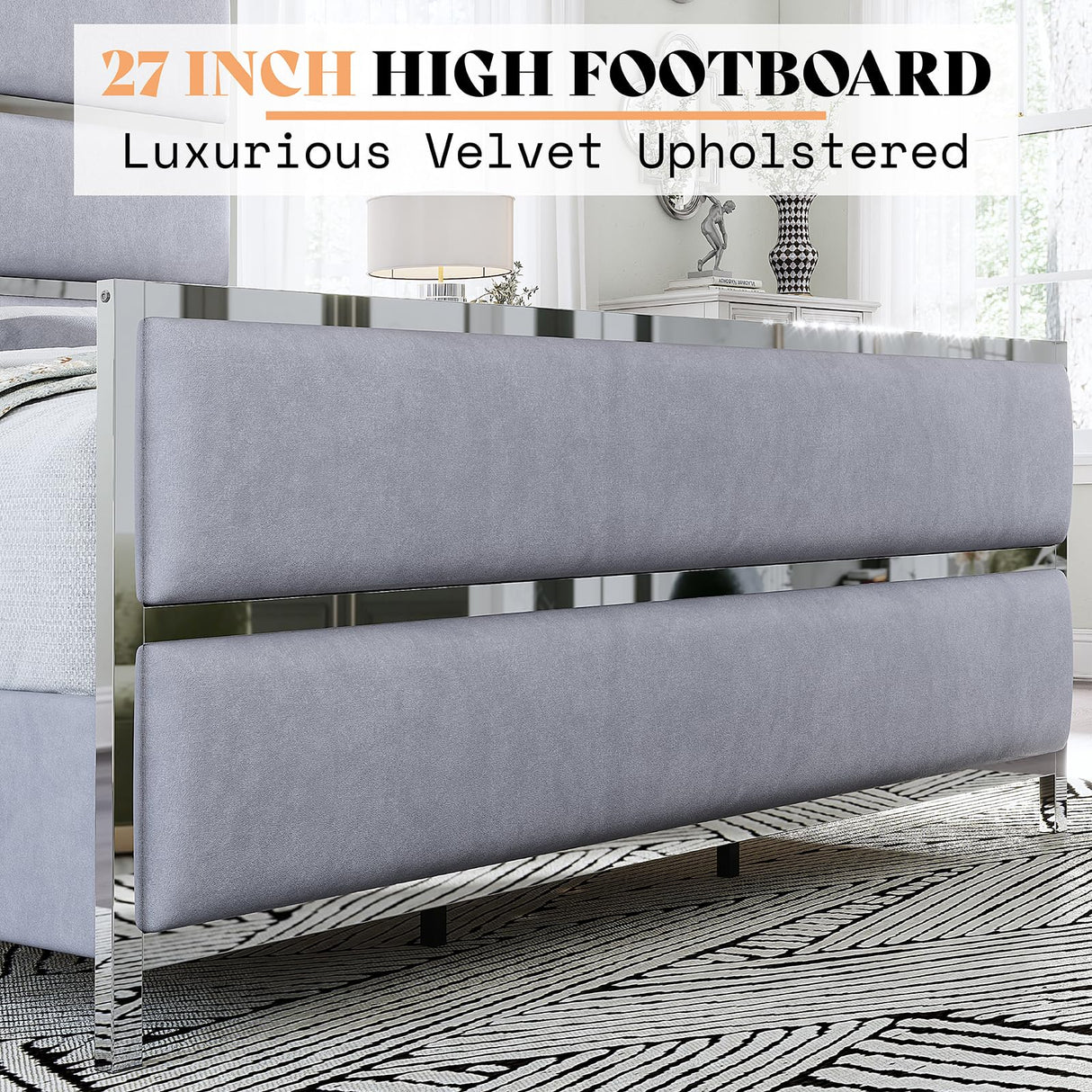 AMERLIFE 59" King Size Bed Frame, Velvet Upholstered Bed with Silver Trim Headboard & Footboard, Channel Tufted Platform Bed Frame, No Box Spring Needed/Light Grey AMERLIFE