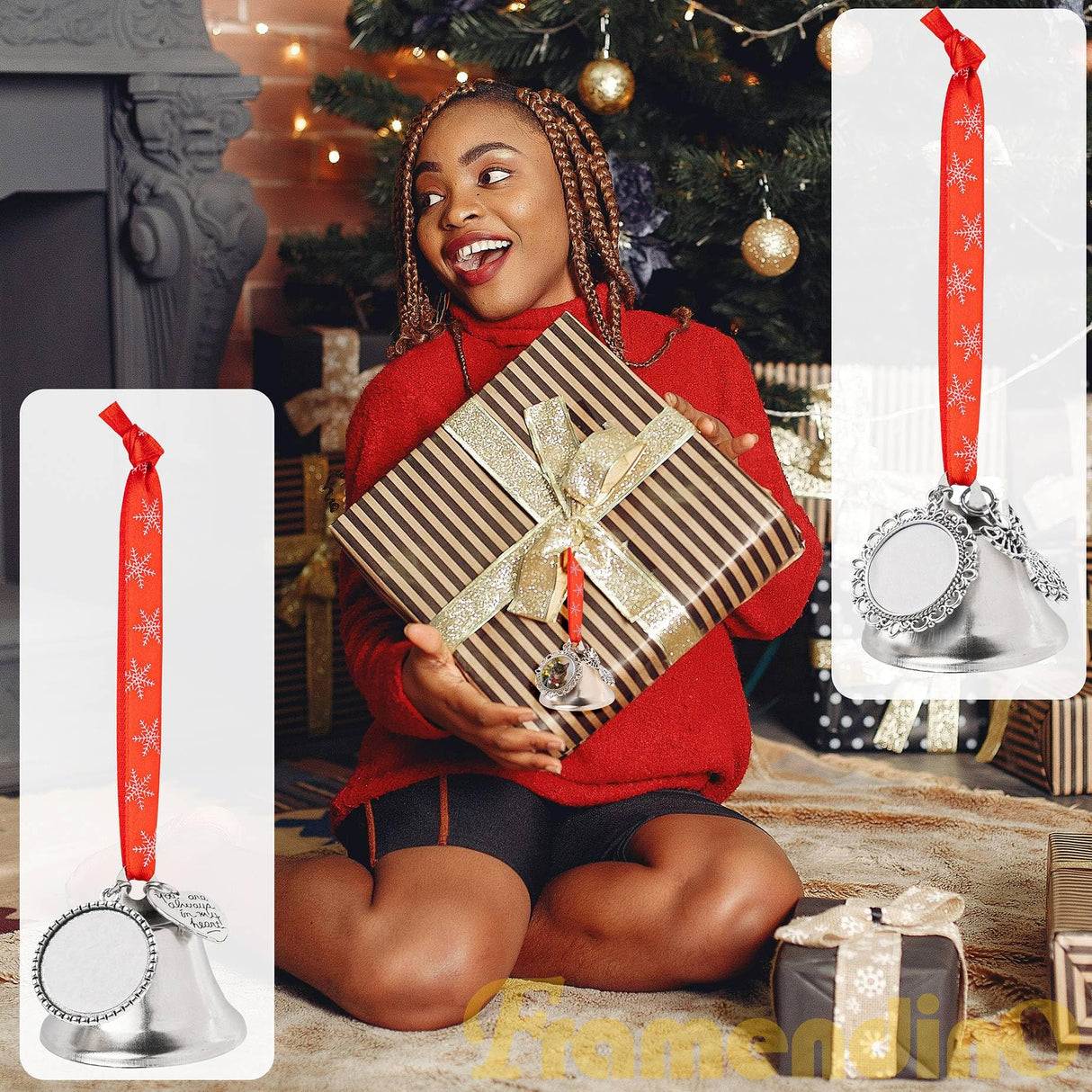 Framendino, 2 Pack Sublimation Bells Christmas with Angel Wings Ornaments for Christmas Tree Decoration 2 Sizes Framendino