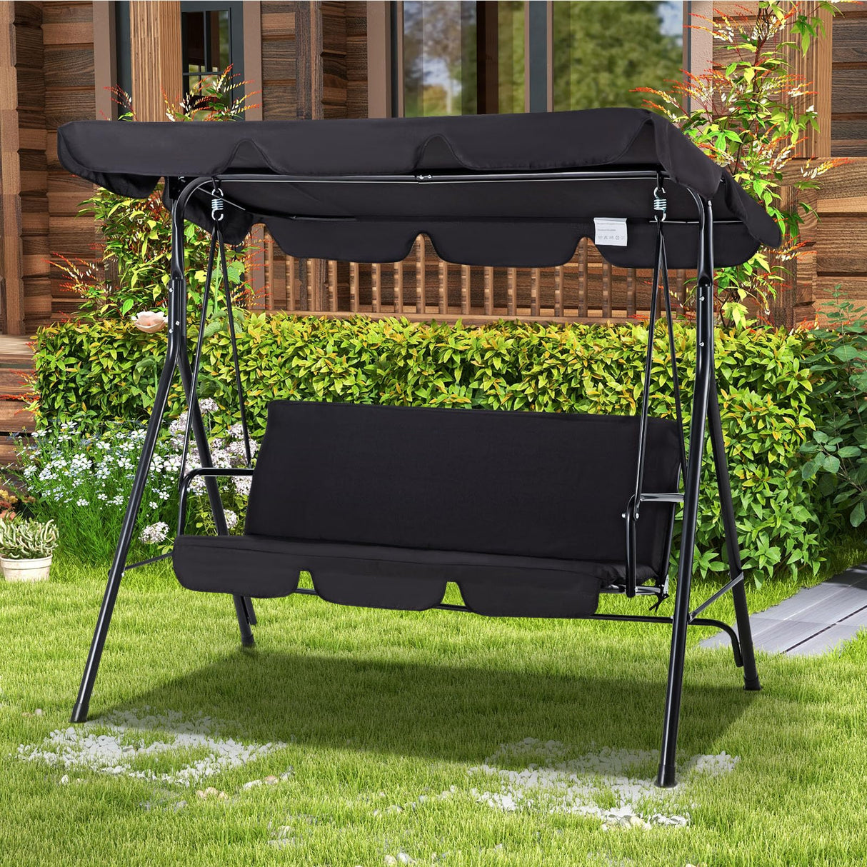 Esright Patio Swings Outdoor, 2-Seat Glider Porch Bench with Removable Cushion and Adjustable Shade, Swing Chairs for Garden, Poolside&Backyard, Black Esright