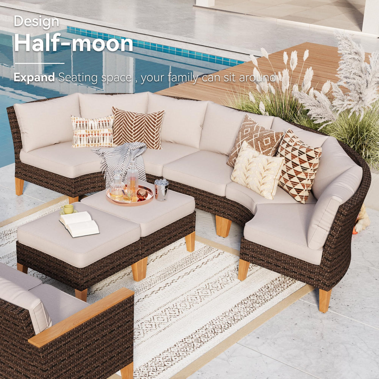 GREEN PARTY 7 Pieces Wicker Patio Furniture Set with 56" Fire Pit Table, All-Weather Outdoor Rattan Patio Half-Moon Curved Sectional Sofa Conversation Set for Garden, Backyard GREEN PARTY