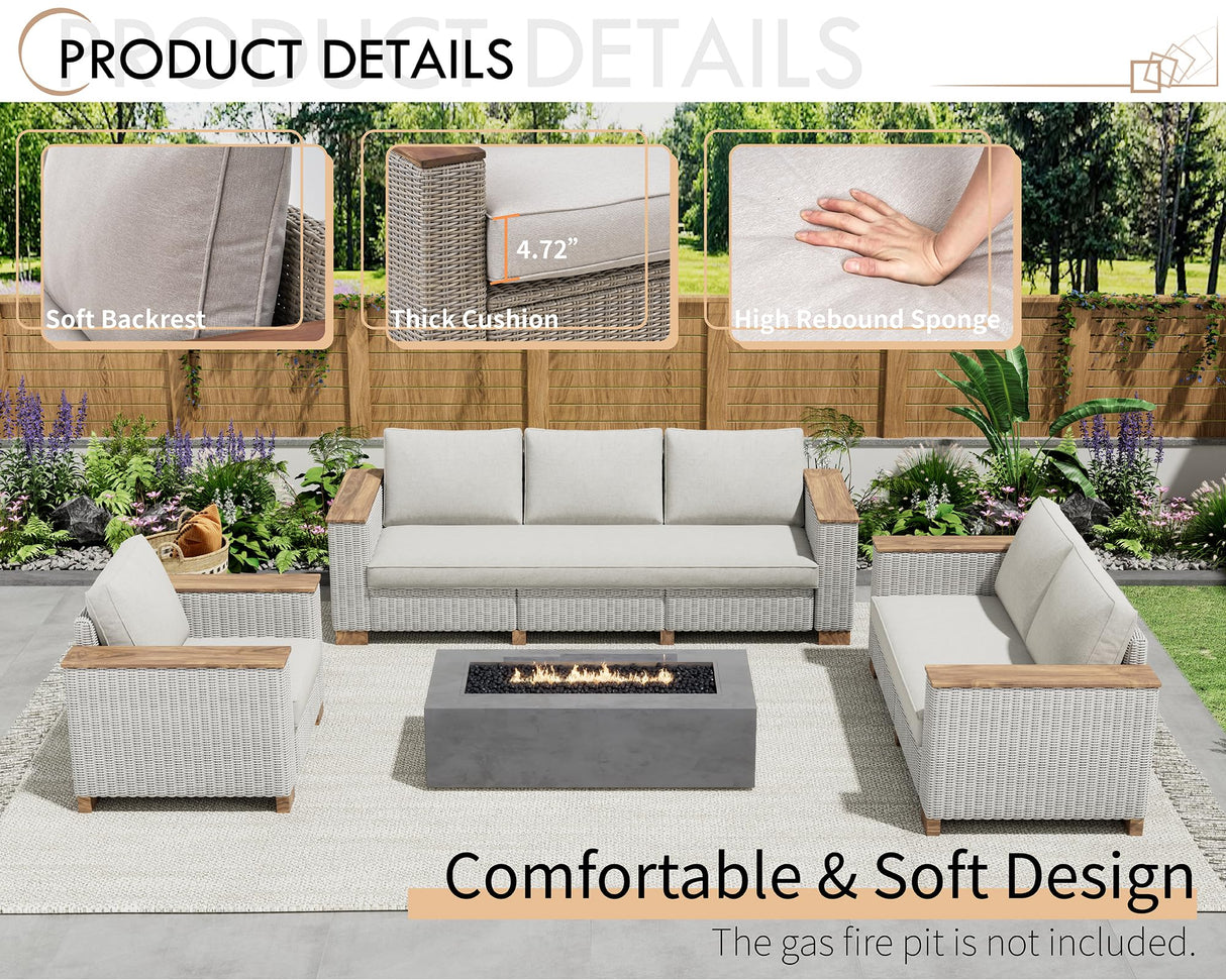 PaPaJet 6-Piece Patio Furniture Set, Wicker Patio Conversation Set with Solid Wood Armrests &Thick Legs, UV-Resistant Outdoor Sectional Sofa for Backyard, Porch, Garden(88"+63"+37") PaPaJet