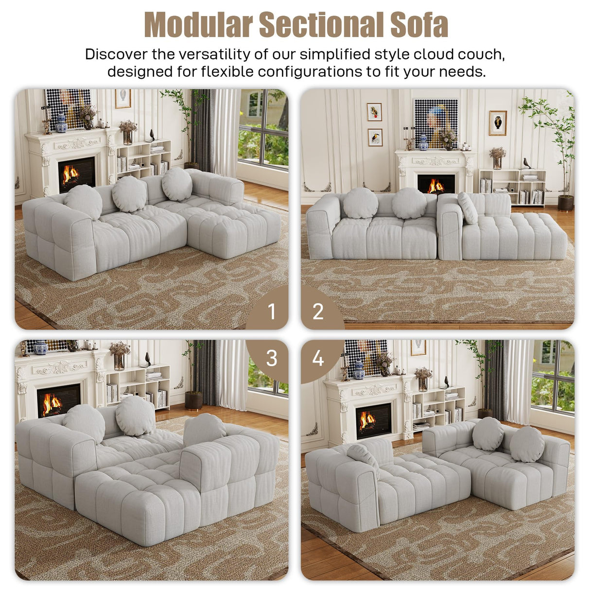 103" Cloud Couch Modular Sectional Sofa, Comfy Chenille Oversized Sectional Sofa with Deep Seat, Upholstered Tufted L Shaped Boneless Couches for Living Room, Right Facing, Off White HYJT-H&K