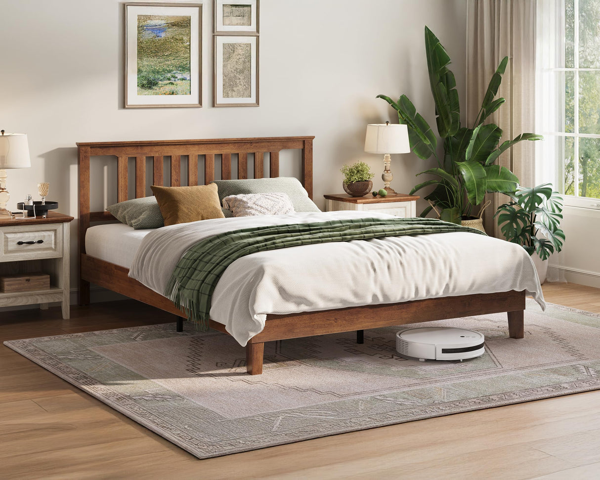 LINSY Queen Bed Frame, Wood Platform Bed Frame with headboard, Solid Wood Bed with Wood Slat Support, No Box Spring Needed, Easy Assembly, Walnut, Queen LINSY