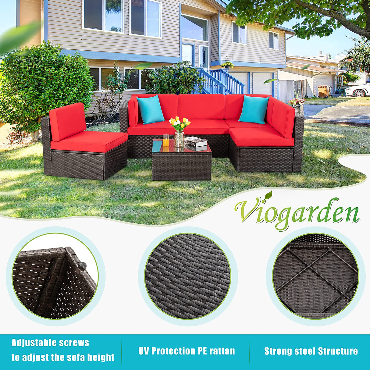 Vongrasig 6 Piece Small Patio Furniture Sets, Outdoor Sectional Sofa All Weather PE Wicker Patio Sofa Couch Garden Backyard Conversation Set with Glass Table,Red Cushions and Blue Pillows (Red) Vongrasig