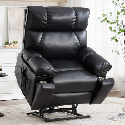 EZZUP Dual Motor Power Lift Chair for Elderly with Vibration Massage and Lumbar Heating for Living Room, Electric Lay Flat Recliner with Cup Holders Remote Controls, Medium-Firm Faux Leather, Black