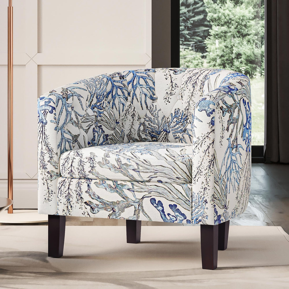 BELLEZE Accent Chairs for Living Room, Elegant Arm Chair Upholstered Tufted Barrel Chair Club Chair for Bedroom with Sturdy Legs and Linen Fabric - Berlinda (Blue Coral) BELLEZE