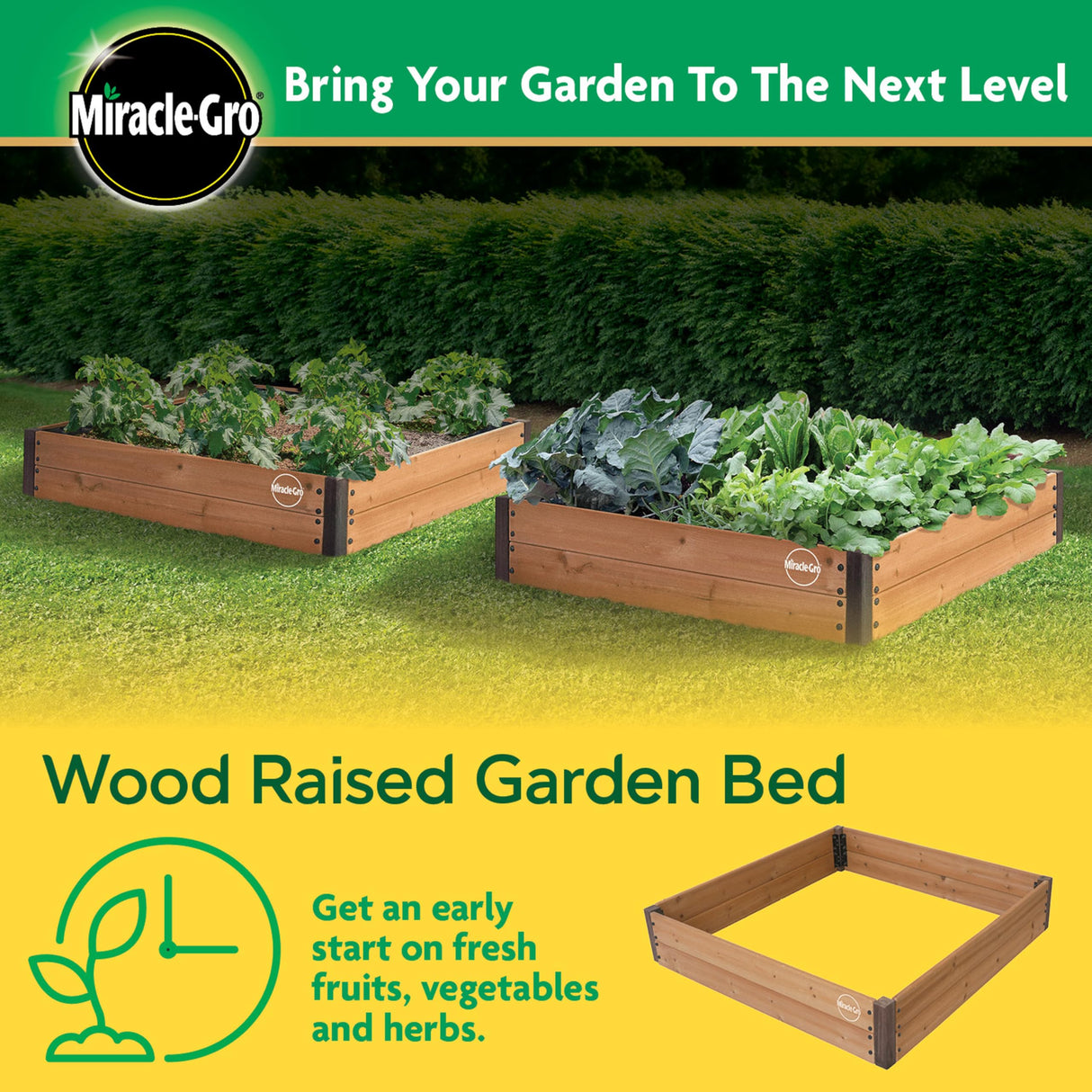 Miracle-GRO 4 x 4 Ft. Wooden Raised Garden Bed, 12.8 Cu. Ft. Above Ground Garden with Powder-Coated Metal Brackets for Decks and Yards Miracle-Gro