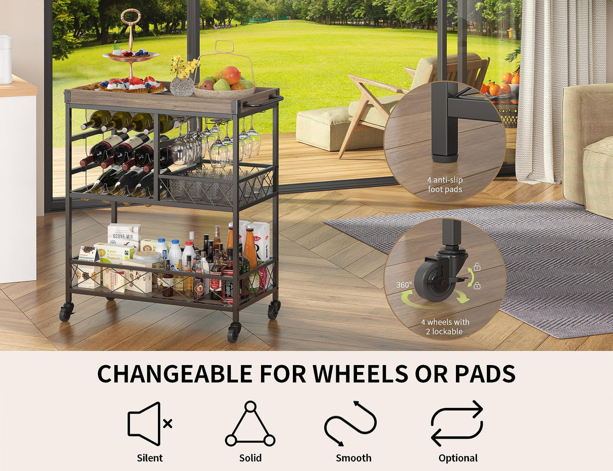 Gizoon 3 Tier 38" Home Bar Serving Cart with Large Storage Space, Mobile Kitchen Storage Trolley with Lockable Wheels, 12 Wine Rack, Glass Holder, Removable Tray (Gray) Gizoon