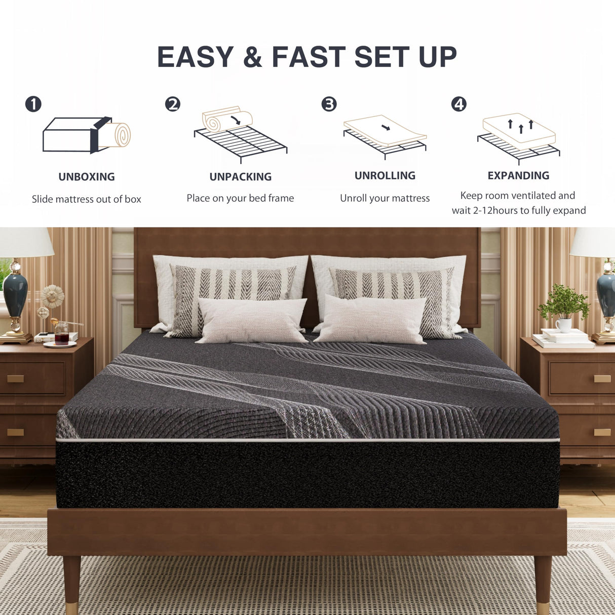 Dyonery Queen Mattress 12 Inch Charcoal Memory Foam Mattress in a Box, CertiPUR-US Certified, Fiberglass Free, Gel Double Mattress, Made in USA, 80" × 60" × 12", Medium Dyonery