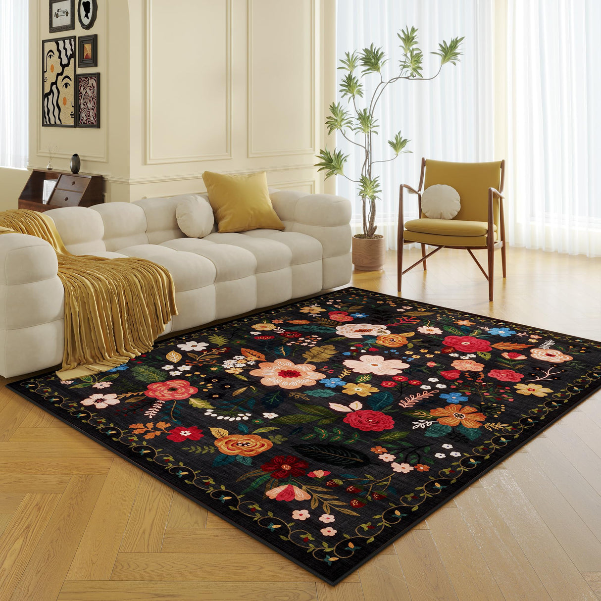 Rugcomf Living Room Rug 5x7 Rug Machine Washable Boho Area Rug Non Slip Floral Vintage Low Pile Large Rugs for Living Room, Bedroom, Farmhouse, Dining Room, Kids Playroom(Black) Rugcomf