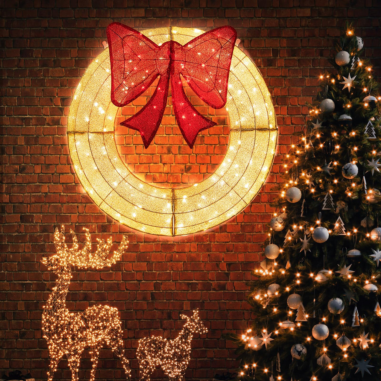 Tangkula 48 Inch Lighted Christmas Mesh Wreath, Pre-Lit Festive Wreath w/Large Bow & 200 LED Bulbs, Hooks & Zip Ties Included, Weatherproof Festive Decoration for Indoor Outdoor Tangkula
