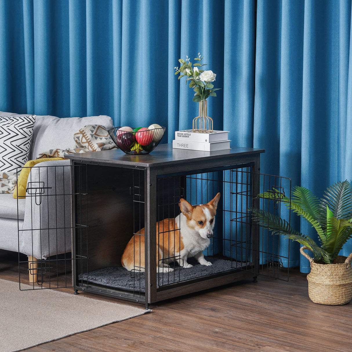 DWANTON Dog Crate Furniture with Cushion, Medium Wooden Dog Crate with Double Doors, Dog Furniture, Indoor Dog Kennel, End Table, Medium, 32.5" L, Dark Grey Dwanton