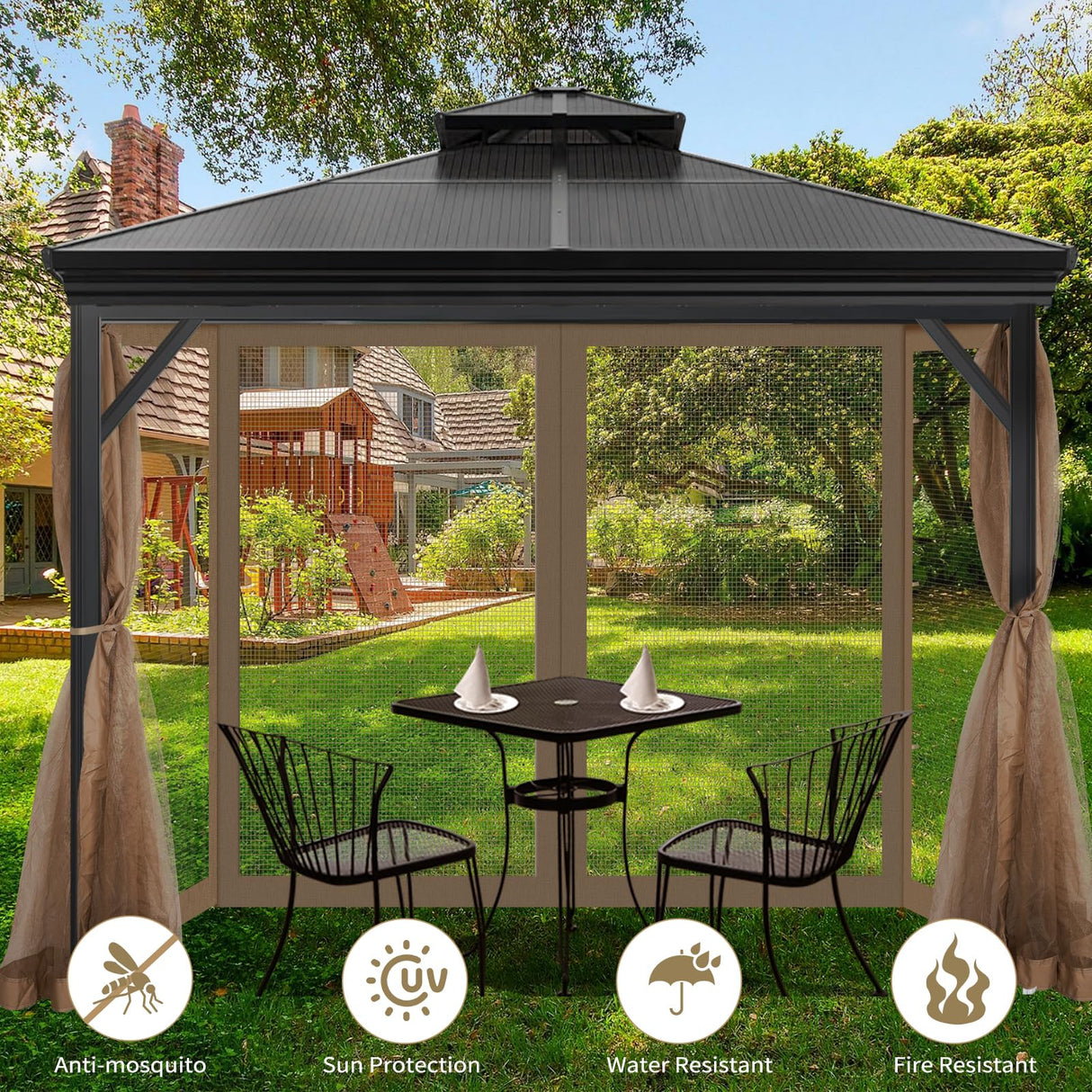 Gazebo Universal Replacement Mosquito Netting, 10' x 12' Outdoor Mesh Netting Screen 4-Panel Sidewall with Zipper for Patio Canopy Garden Porch Pergolas and Backyard, Khaki(Mosquito Net Only) aonear