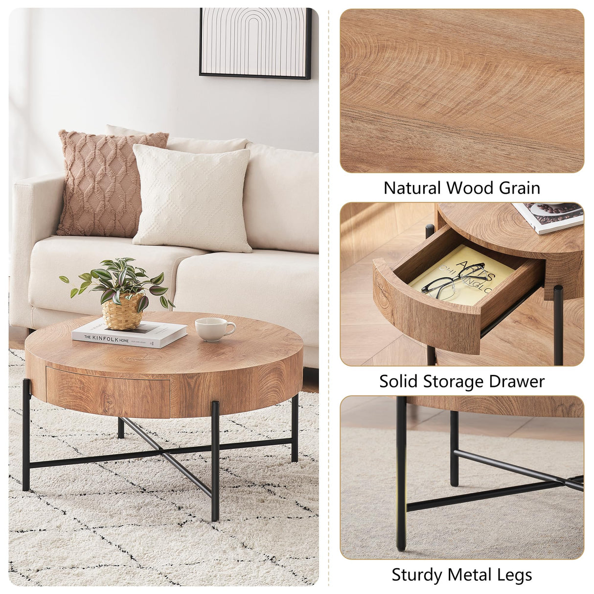 CABIHOME Round Coffee Table with Two Drawers Circle Center Table with Storage Farmhouse Coffee Table Living Room Wood Look Cocktail Table with Metal Frame Natural CABIHOME