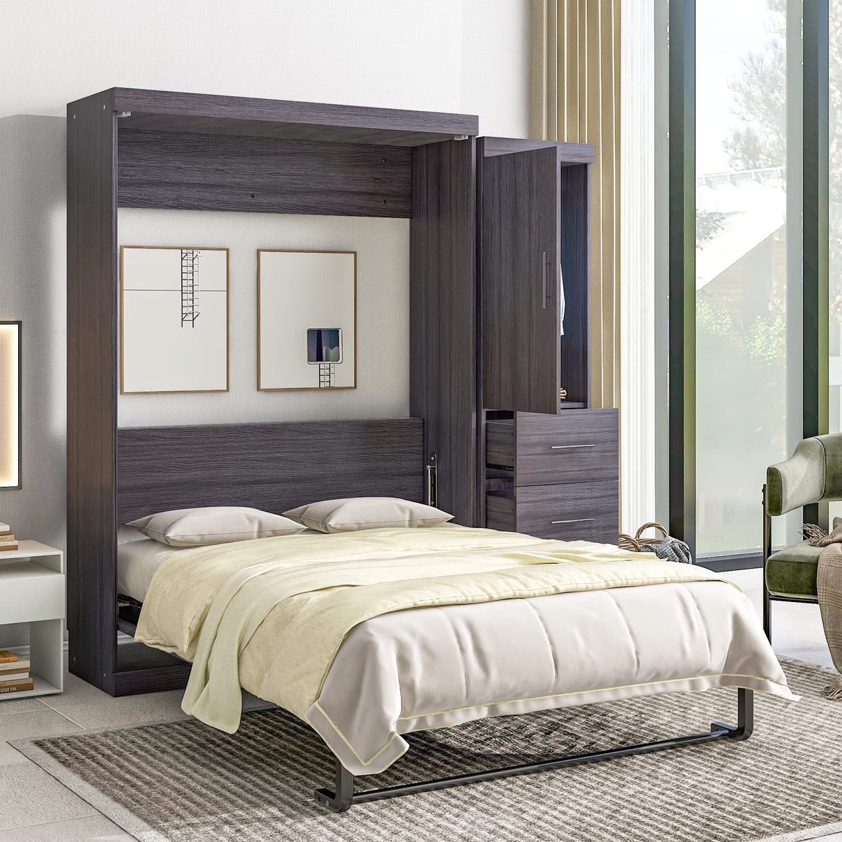 SOFTSEA Full Murphy Bed with Storage Wall Bed Wardrobe for Small Space SOFTSEA