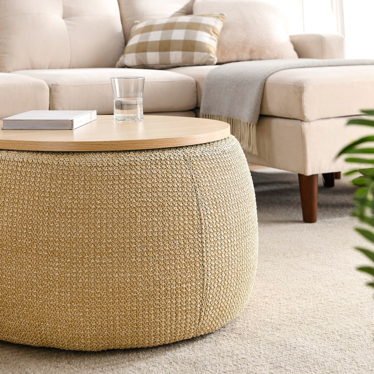 YICORPS Modern Round Storage Ottoman with Wooden Top,Handmade Luxury Pleated Circle Fabric Storage Ottoman Coffee Table,End Table & Footstool for Living Room(Natural) YICORPS