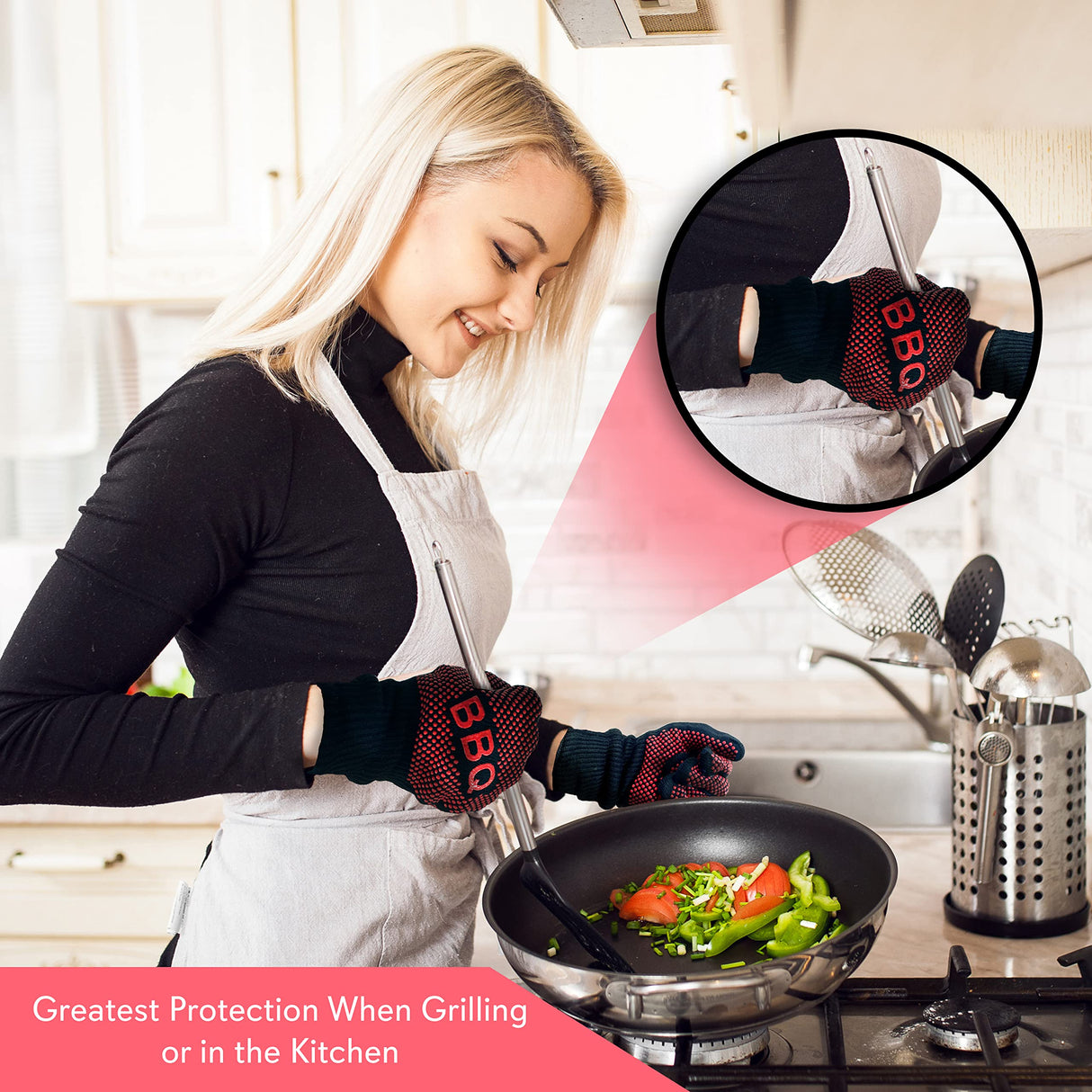 NutriChef BBQ Gloves - 1472°F Heat Resistant, Fireproof Mitts with Non-Slip Silicone Grip, Perfect for Barbecue, Grilling, Cooking, Baking & Camping, 14-inch, Food Grade, Washable Kitchen Oven Mitts NutriChef