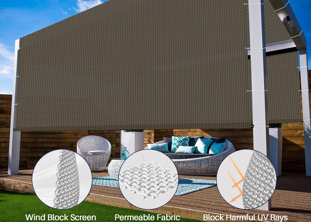 Windscreen4less 10’ x 16’ Universal Replacement Shade Cover Canopy for Pergola Patio Porch Privacy Shade Screen Panel with Grommets on 2 Sides Includes Weighted Rods Breathable UV Block Brown Windscreen4less