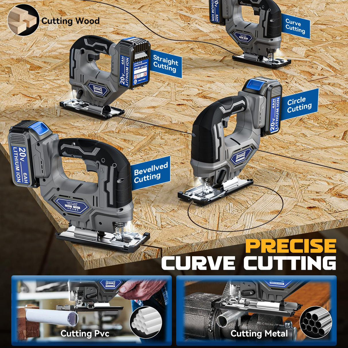 2024 New Cordless Jigsaw Tool Compatible with Dewalt 20V Battery, Brushless jigsaw tool with Variable Speed, 0°-45° Bevel Cuts, LED Light, 3-Position Orbital Action for Straight/Curve/Circle Cutting DIYtoolifz