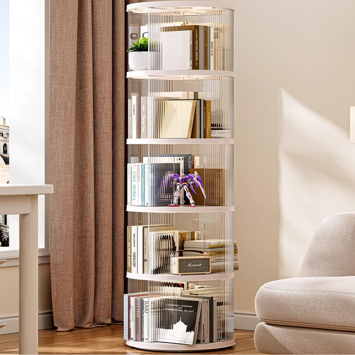 360° Rotating White Bookshelf Tower - 5-Tier Spinning Storage for Small Spaces ZXFWRJDJ
