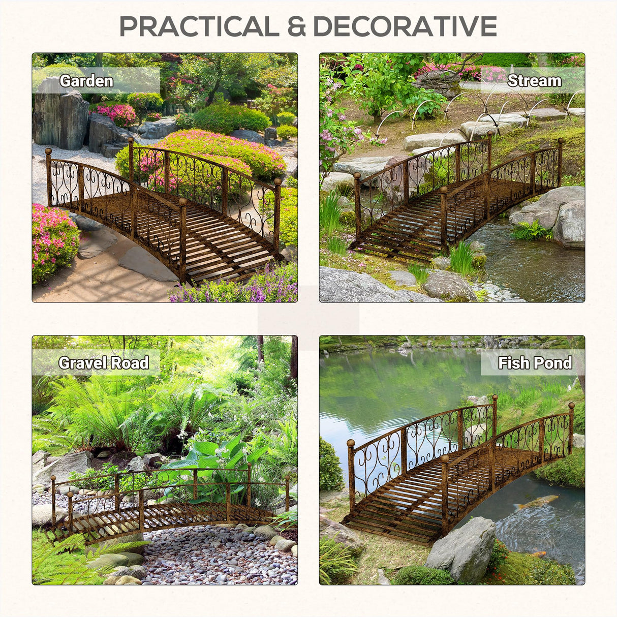 Outsunny 7' Metal Arch Garden Bridge with Safety Siderails, Decorative Arc Footbridge with Delicate Scrollwork S Motifs for Backyard Creek, Stream, Fish Pond, Bronze Outsunny