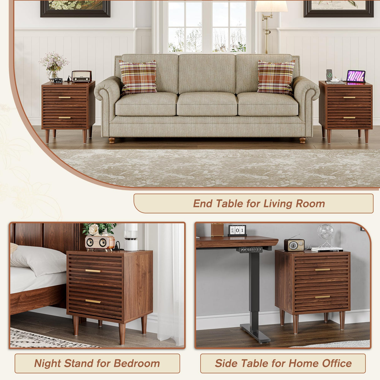 Whalefall Night Stands with Charging Station Set of 2, Mid Century Modern Nightstand, Fluted Bedside Table with Drawer, End Table Bed Side Tables for Bedroom, Accent Tables with Wood Legs, Brown 2pcs Whalefall