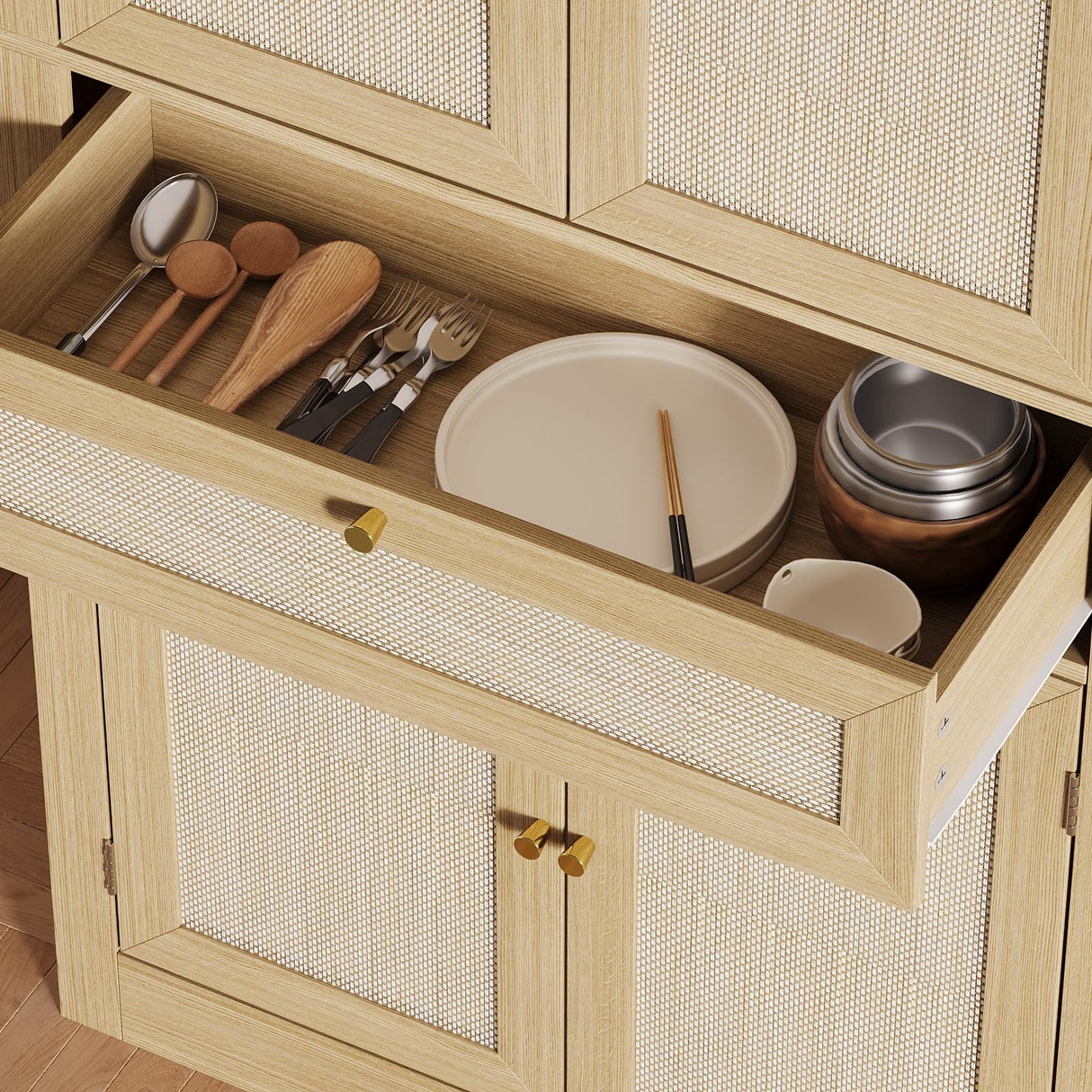 PeacefulHues 70inch Tall Kitchen Pantry, Rattan Cupboard Storage Cabinet with 1 Drawer and 6 Door Shelves for Dinning Living Room Kitchen Laundry, Natural Oak PeacefulHues