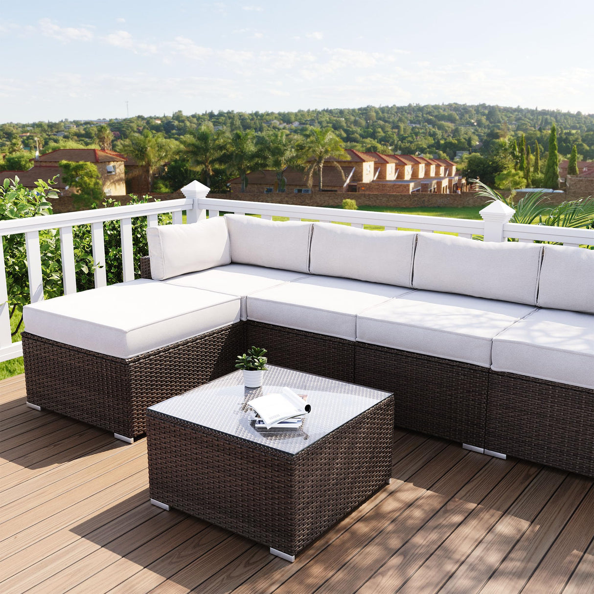 COSIEST Outdoor Furniture Brown Wicker Glass-Top Coffee Table for Expanding Sectional Sofa Set for Garden, Pool, Backyard COSIEST