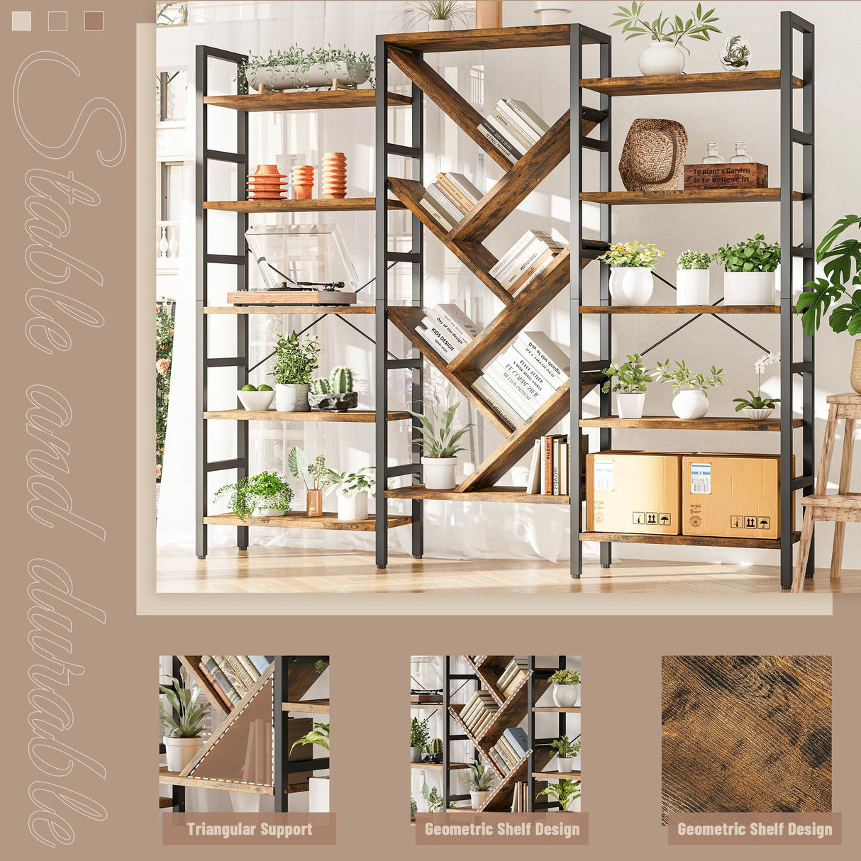 INNOD 70x70" Triple 5 Tier Book Shelf, Large Wooden Bookcase with 17 Open Display Shelf, Modern Tree Bookshelf Metal Frame Tall Book Case Furniture for Living Room Bedroom Home Office Rustic Brown INNOD