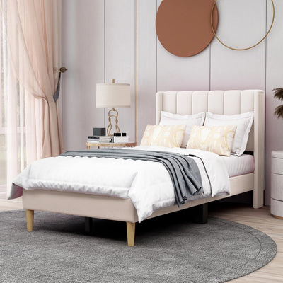 AGARTT Upholstered Platform Bed Frame Twin Size with Headboard and Footboard/Wooden Slats Support/No Box Spring Needed/Easy Assembly,Beige Velvet