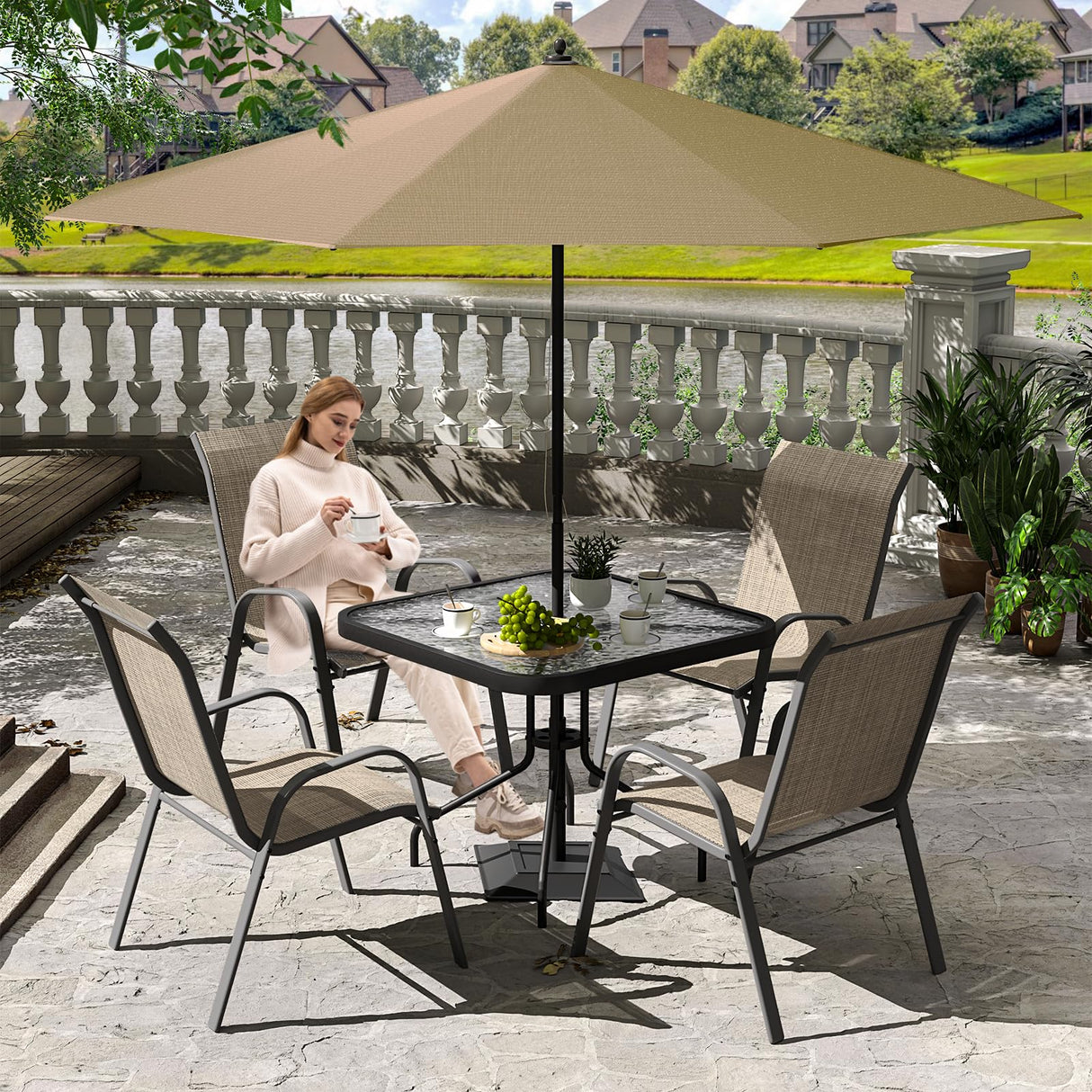 Amopatio Outdoor Dining Set of 5, Patio Table and Chairs Set, Textured Glass Tabletop, 4 Stackable Patio Chairs, Patio Furniture, Balcony, Porch, Lawn- Brown Amopatio