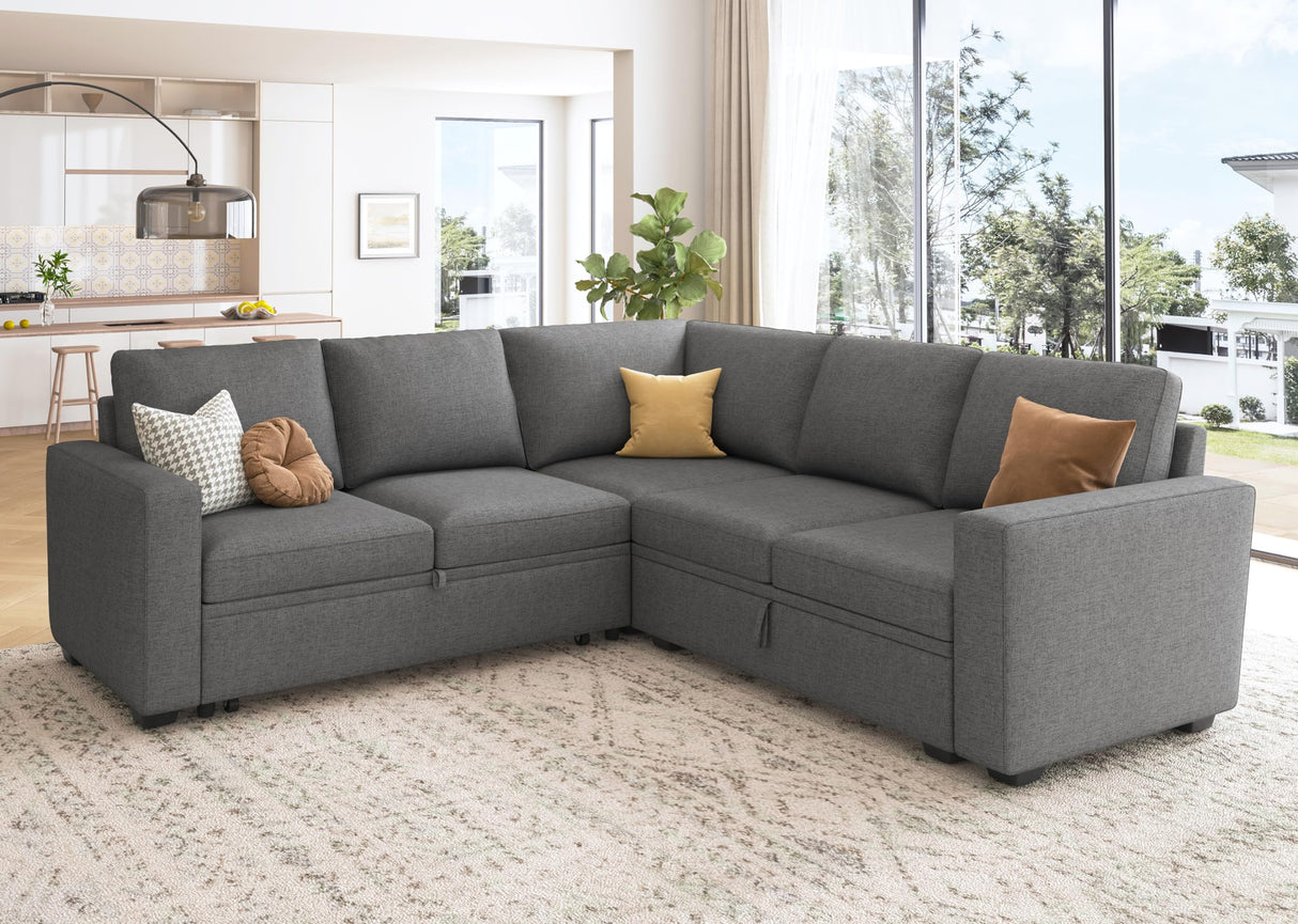 HONBAY Sectional Sleeper Sofa with Pull Out Bed, L Shaped Couch with Storage Seat, Modular Sectional Couches for Living Room, Dark Grey HONBAY