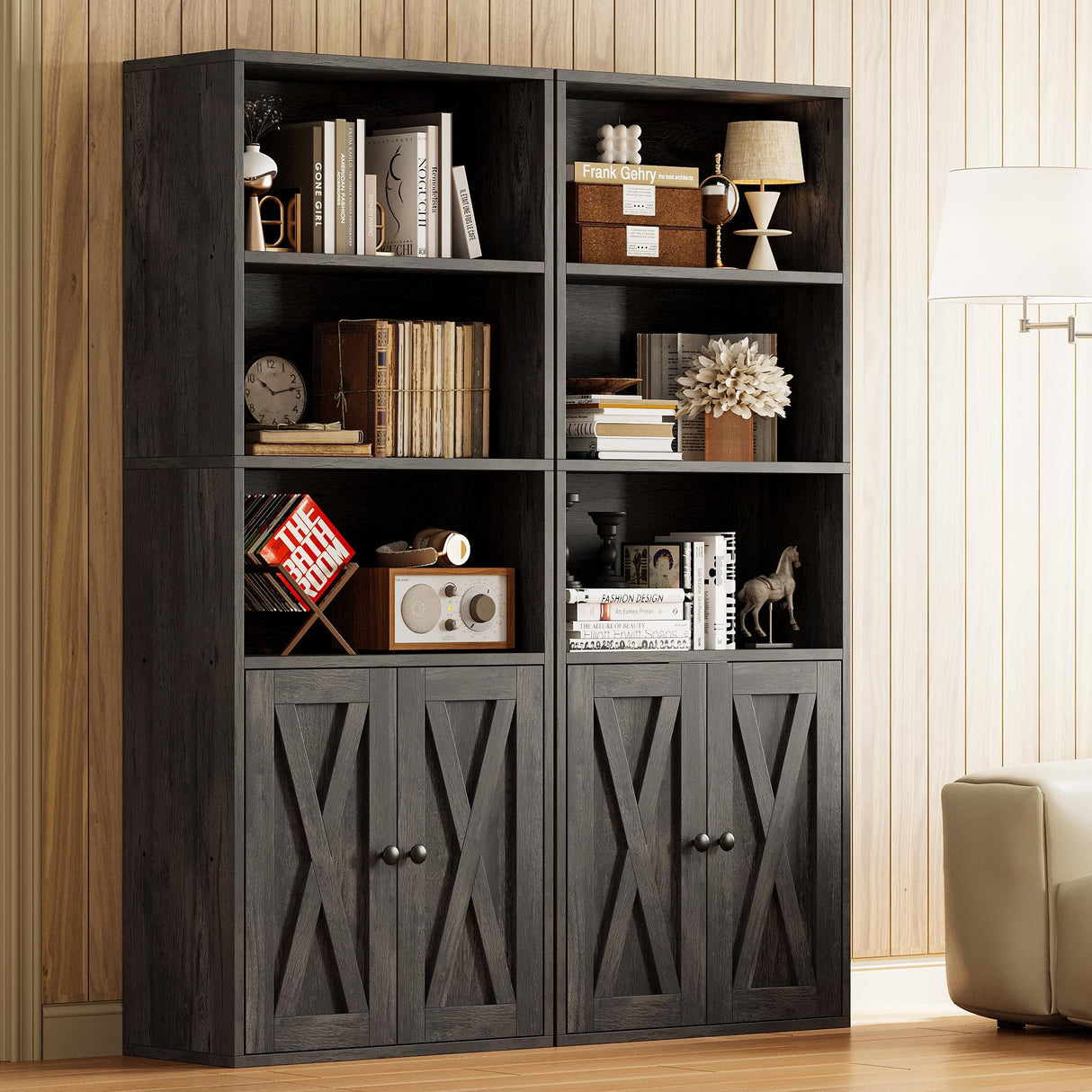 IRONCK Industrial Bookshelves and Bookcases with Doors 11.8 in Depth Set of 2 Floor Standing 5 Shelf Display Storage Shelves Bookcase Home Decor Furniture for Home, Office, Living Room, Bedroom IRONCK