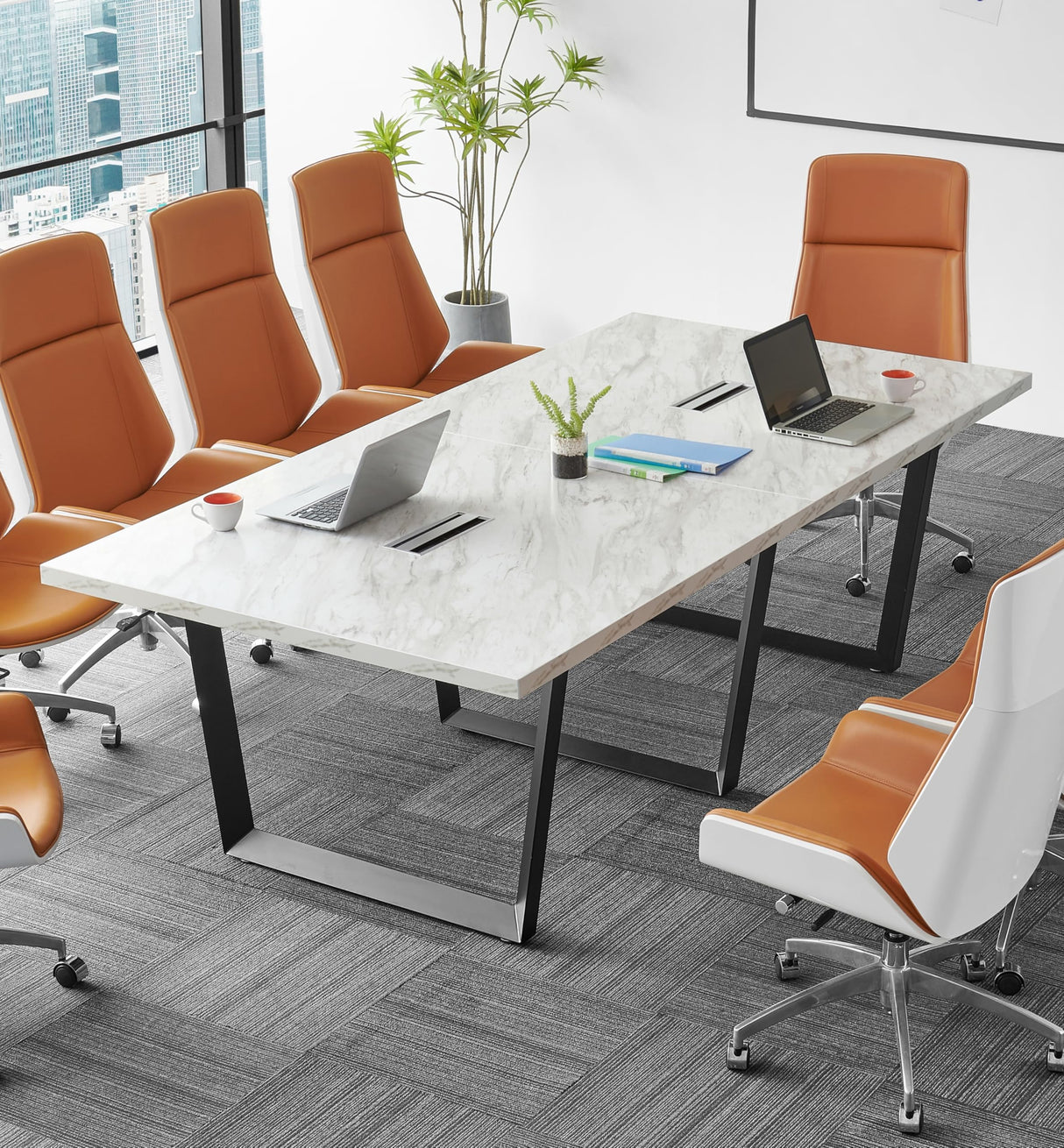 ahliss Sturdy Conference Table with Cable Management Grommets Modern Rectangle Office Meeting Table with Wood Tabletop and Metal Frame & Legs- Easy Assembly Boardroom Table (White Marble, 8 Foot) ahliss