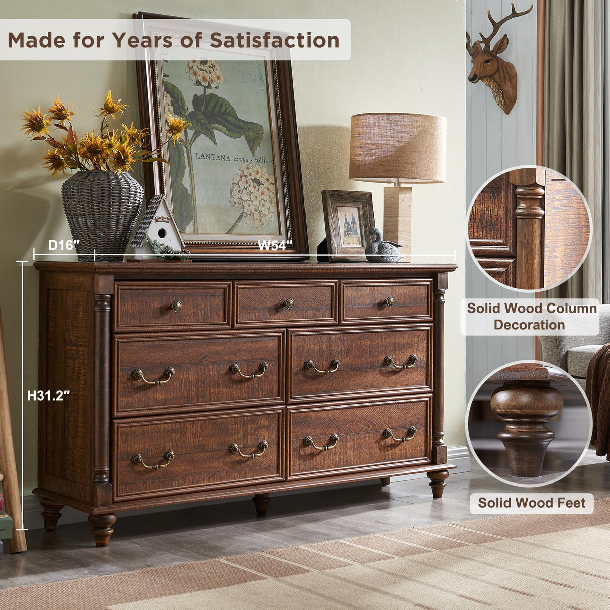 T4TREAM Farmhouse 7 Drawers Dresser Chests for Bedroom w/ 4 Solid Wood Feet & Column Decor, Tall Wide Wood Country Rustic Chest of Drawers, Storage Dressers for Bedroom, Living Room,Reclaimed Barnwood T4TREAM