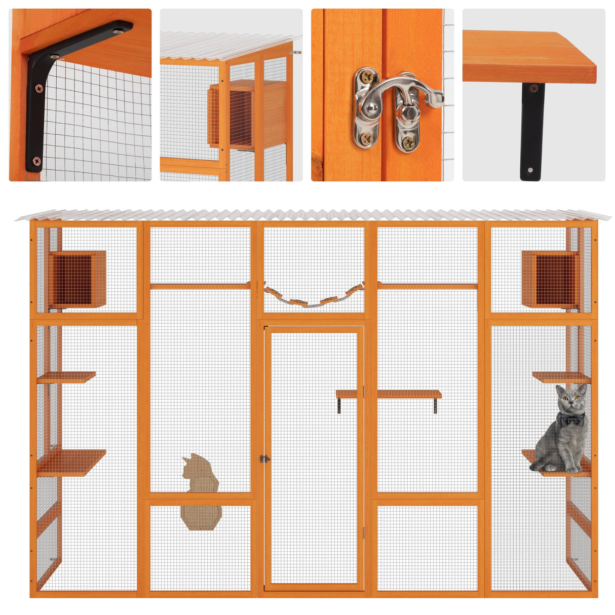 COZIWOW Catio Outdoor Cat Enclosure Window Catios for Indoor Cats Outside Patio Wooden Cattery with Large Door, Walks, Waterproof Roof, Resting Box, 104" L Extra Wide, Orange COZIWOW