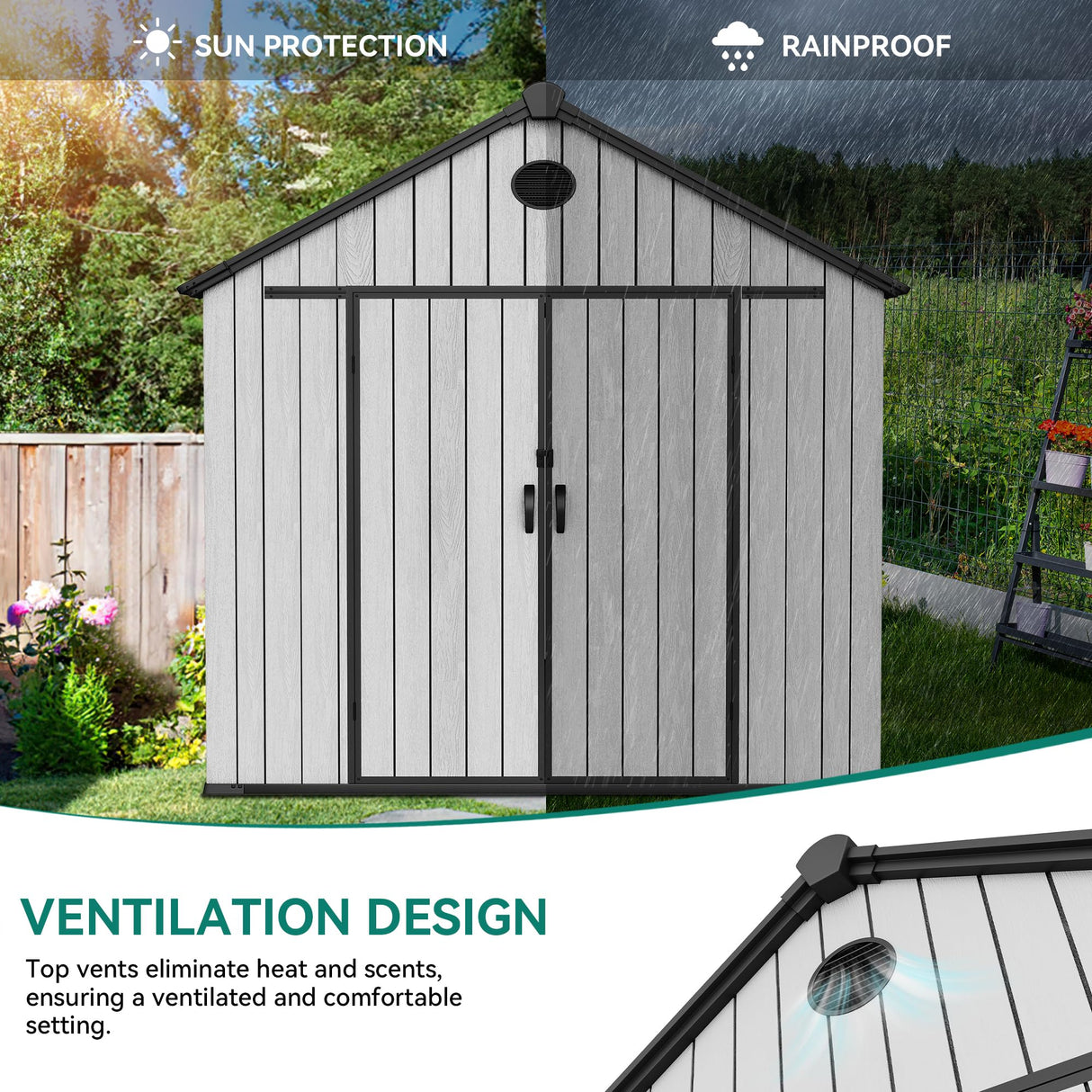 YITAHOME 8x10 FT Outdoor Storage Shed with Floor, Plastic Garden Shed for Bikes, Tools, Supplies, Waterproof Resin Shed with Lockable Doors, 2 Windows & 2 Vents for Patio, Backyard, 556 cu. Ft., Gray YITAHOME