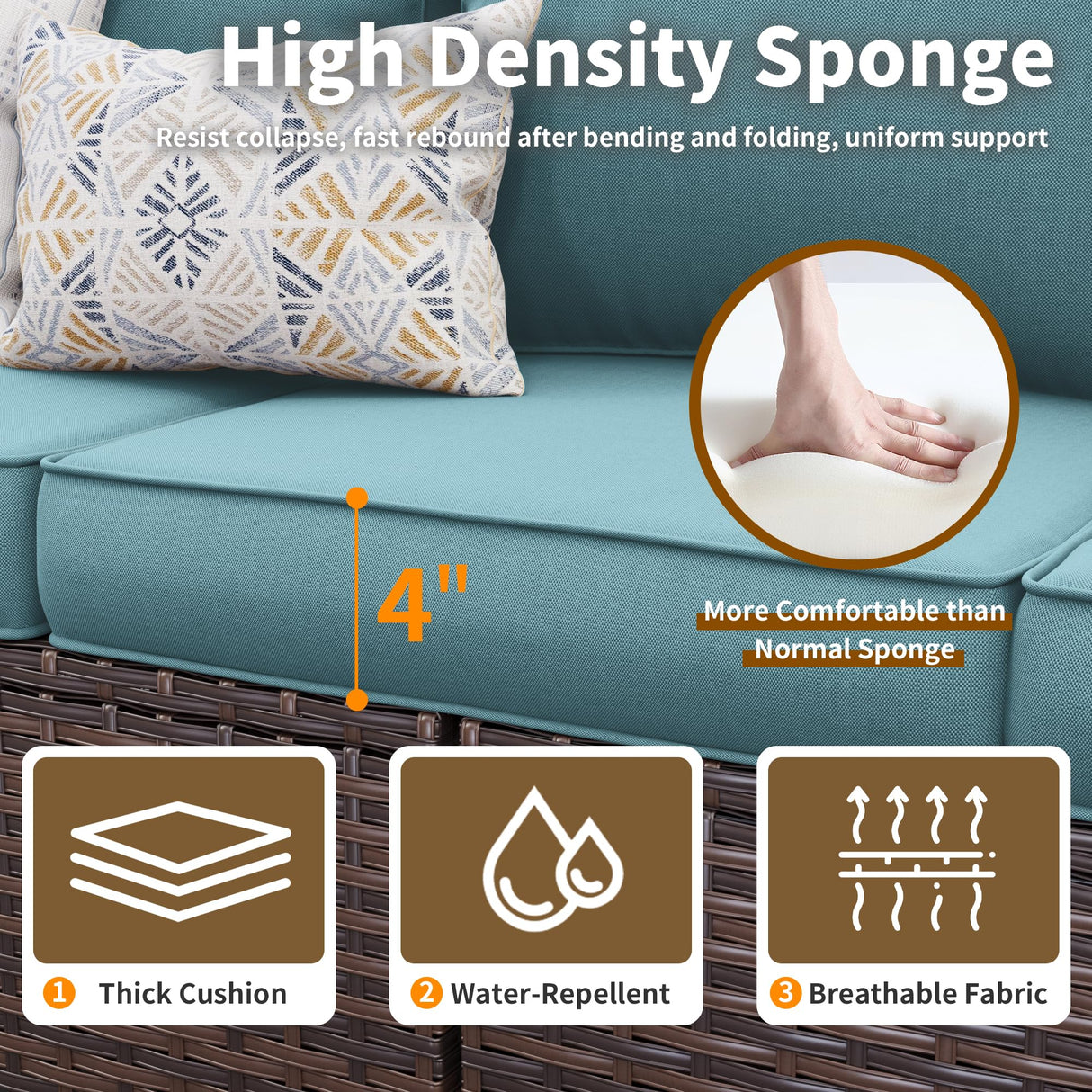 VONZOY 6 Pieces Patio Furniture Set with 44" Gas Fire Pit Table, Outdoor Sectional Conversation Sets, All-Weather Wicker Rattan Sofa w/Gas Fire Pit, Ottoman, Thick Cushion Light Blue VONZOY