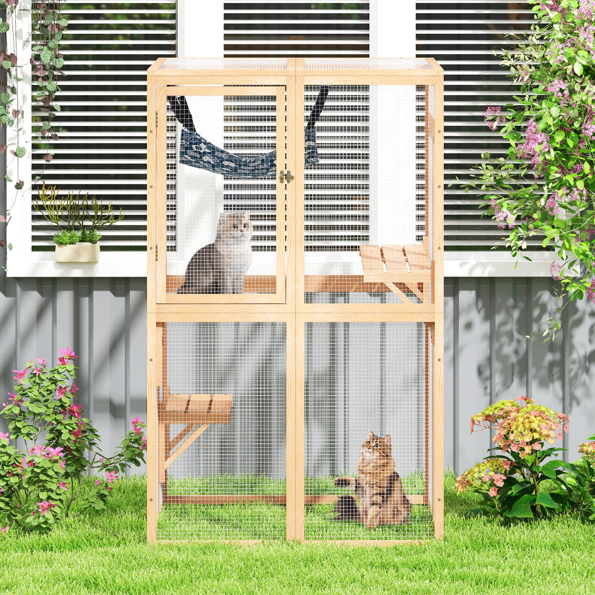 Catio Outdoor Cat Enclosure, Wooden Catio with Window Access for Patio, Indooe Kitty House (Wood) Nyeekoy