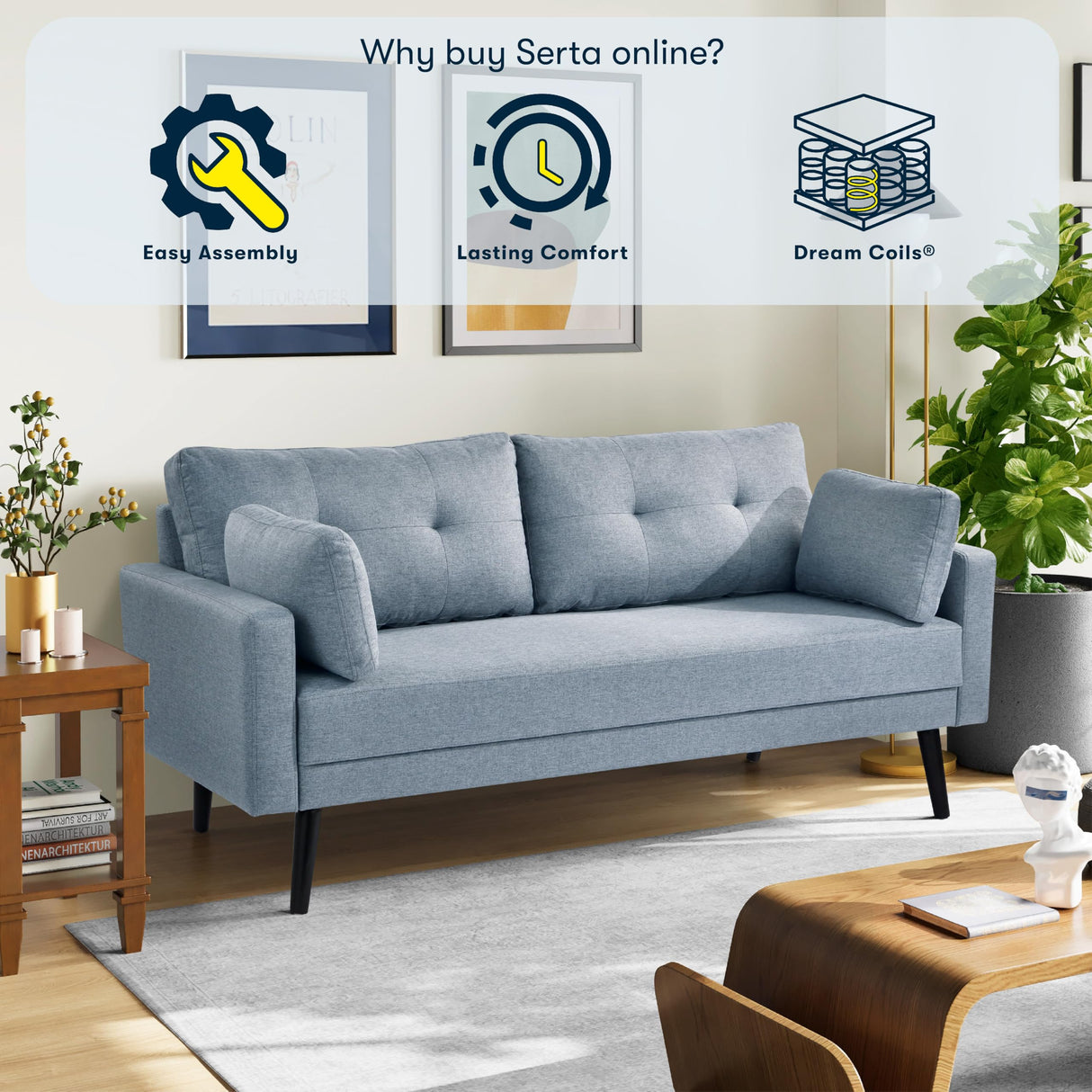 Serta Benrama 67" Soft Modern Sofa, Square Track Arms, Solid Wood Legs, Easy Assembly, Dream Coil Comfort, Soft Woven Polyester Fabric, Light Gray Serta