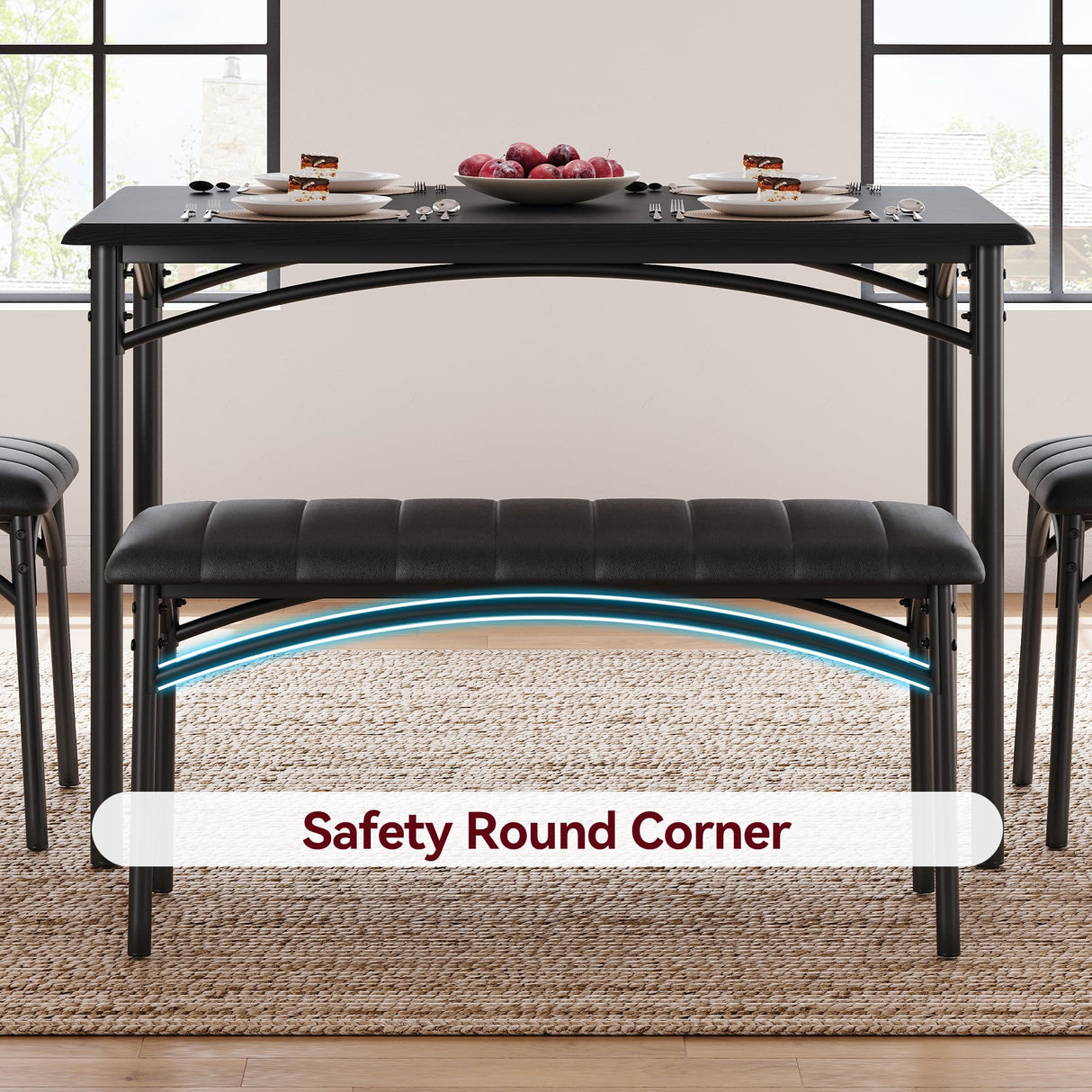 Garvee Dining Table Set for 4, Kitchen Table with Upholstered Bench and 2 Chairs, 4-Piece Wooden Dining Table Set for Apartment, Dining Room, Small Space, Black Garvee