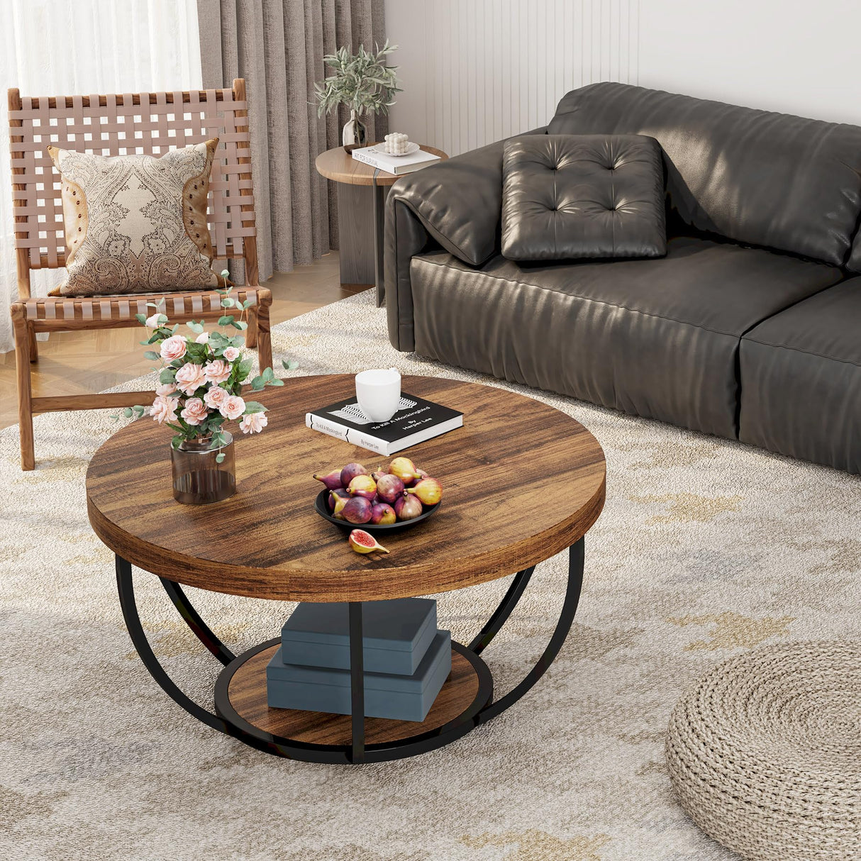Tribesigns Round Coffee Table, Industrial 2-Tier Circle Coffee Table with Storage Shelves, Modern 31.7" Wooden Accent Center Table for Living Room, Home Office, Rustic Brown Tribesigns