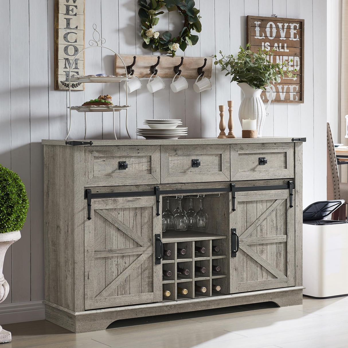 OKD Farmhouse Buffet Cabinet with Storage, 54" Kitchen Wine Bar Cabinet w/Wine & Glass Rack, Sliding Barn Door, 3 Drawers, Rustic Coffee Bar Cabinet, Light Rustic Oak OKD