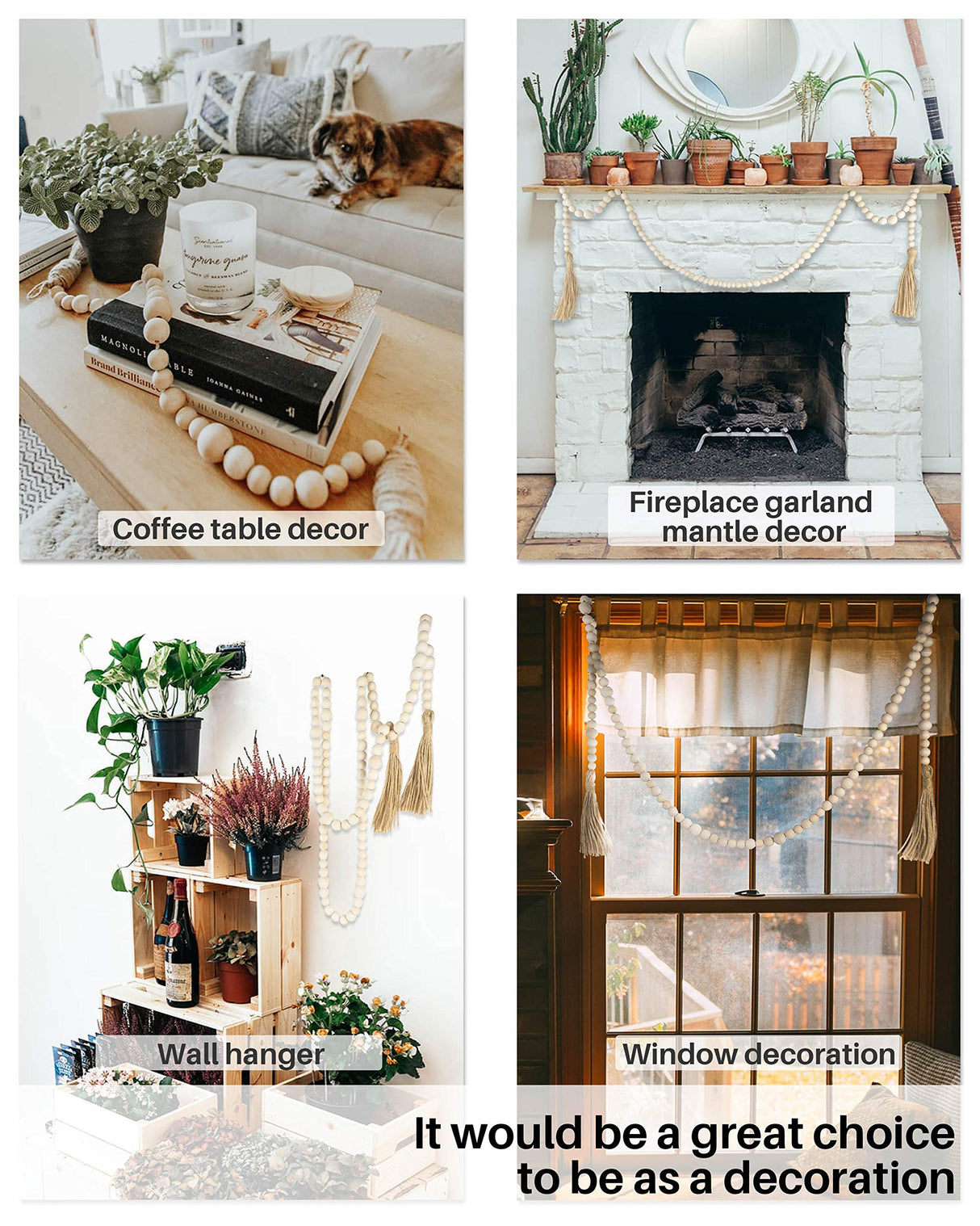 Wood Bead Garland with Tassels, 72 Inch Natural Wooden Beads Garland, 6 Feet Handmade Boho Farmhouse Decor, Coffee Table Decor DF DUALFERV