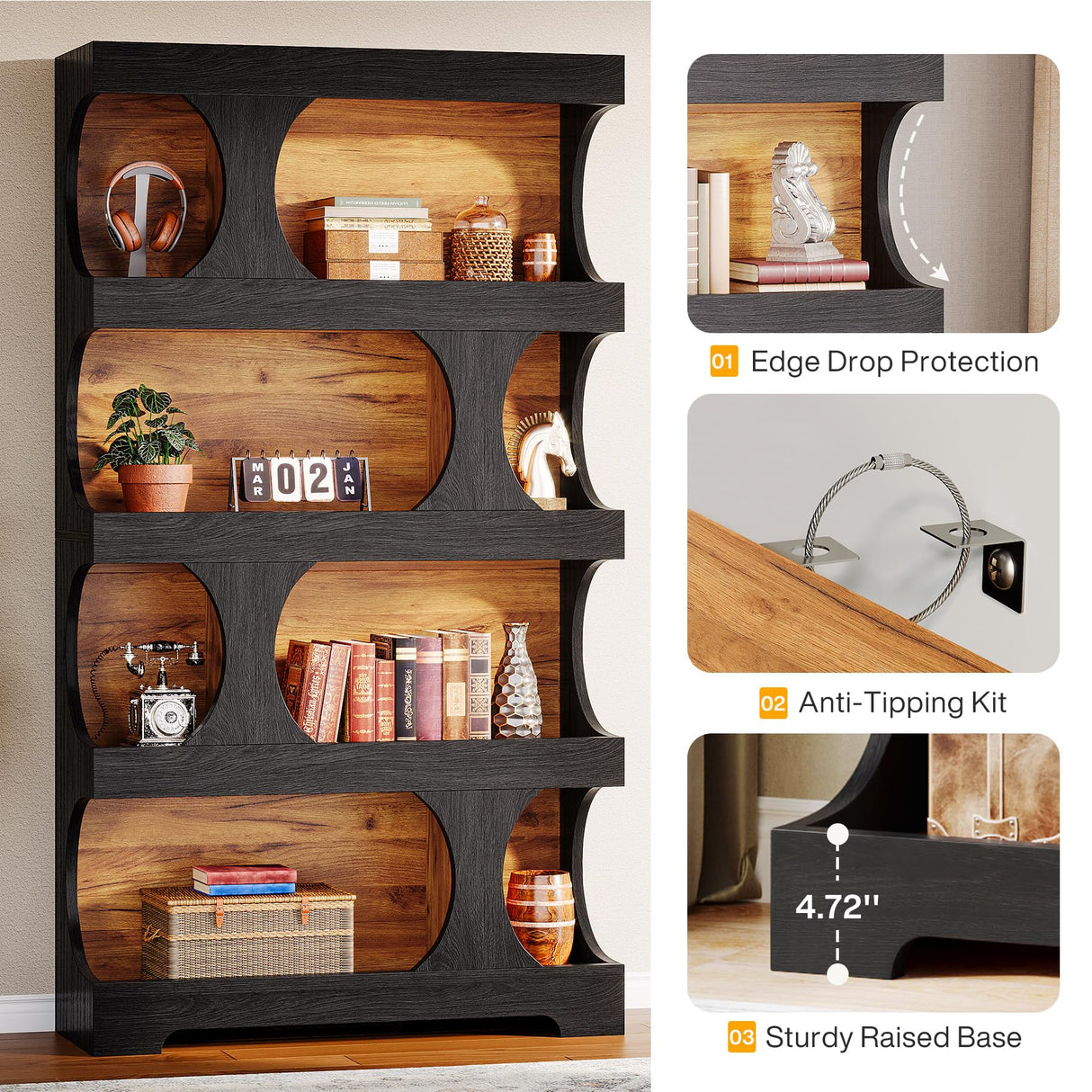 Tribesigns 71" Tall Black Bookcase, Modern Asymmetrical Bookshelf, 4-Tier Freestanding Display Shelf with Classic Shape, Large Library Book Shelf for Living Room, Home Office Tribesigns