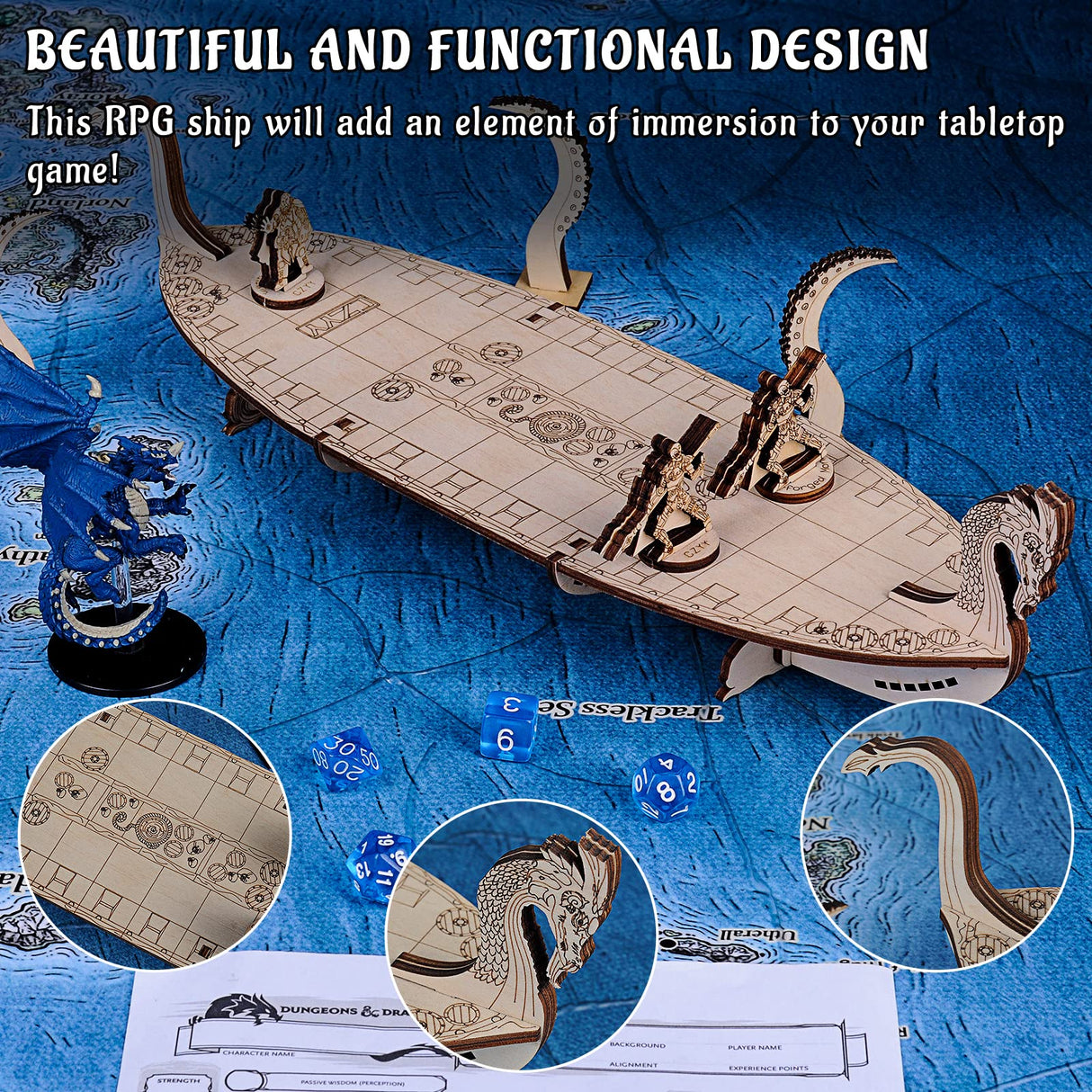 Miniatures Viking Longship Wood Laser Cut 1 Inch Square Grid Ship Battle Map for D&D, Dungeons and Dragons, Pathfinder or Other Tabletop RPG CZYY